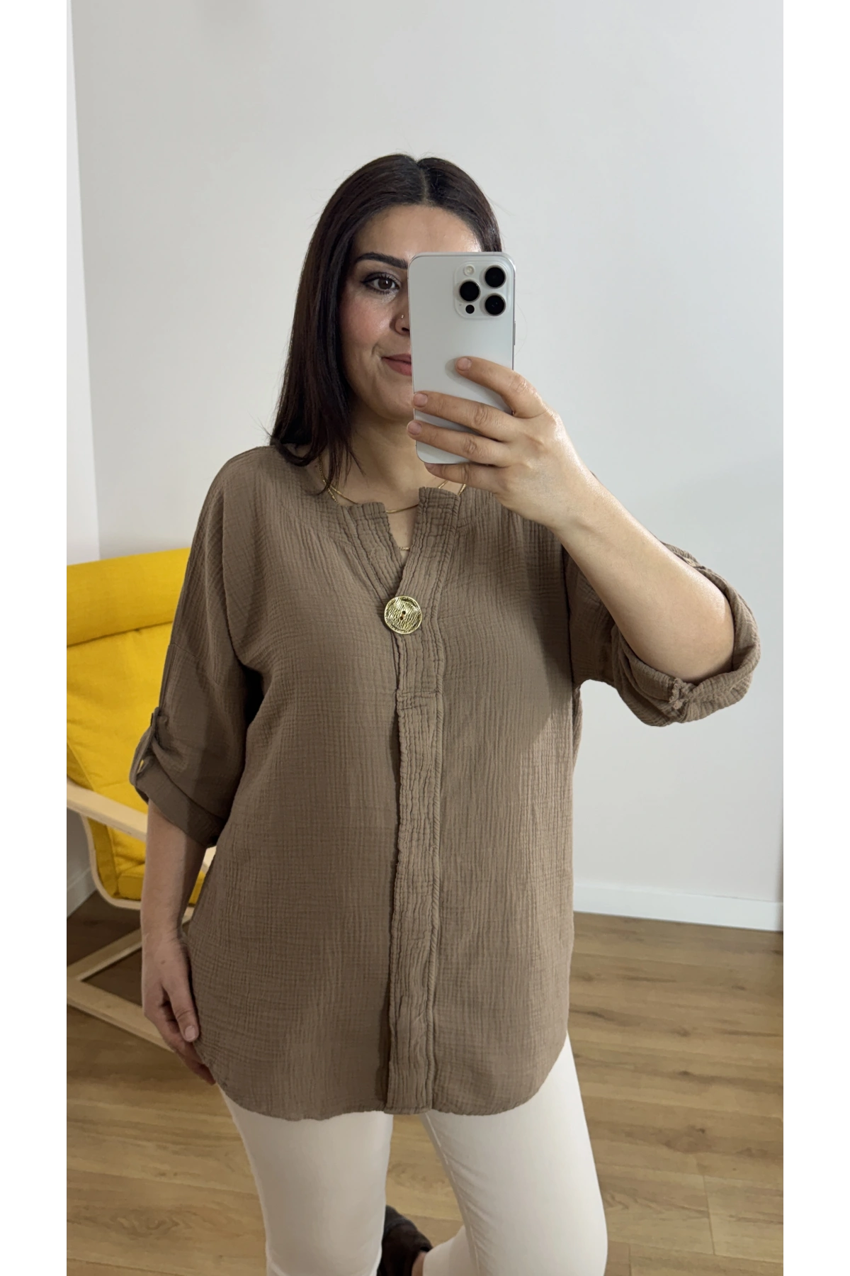 Dirsek Kol Kahverengi Müslin Bluz