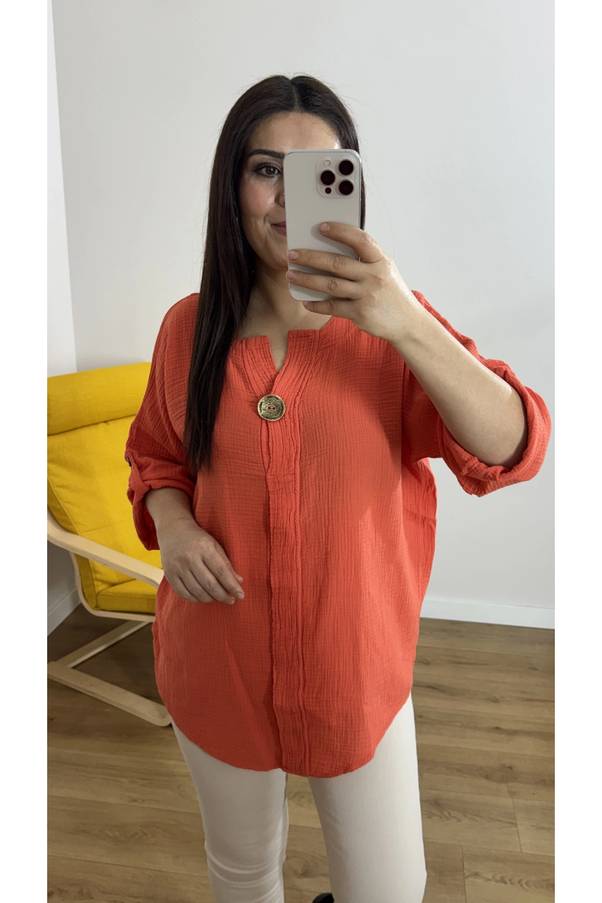 Dirsek Kol Turuncu Müslin Bluz