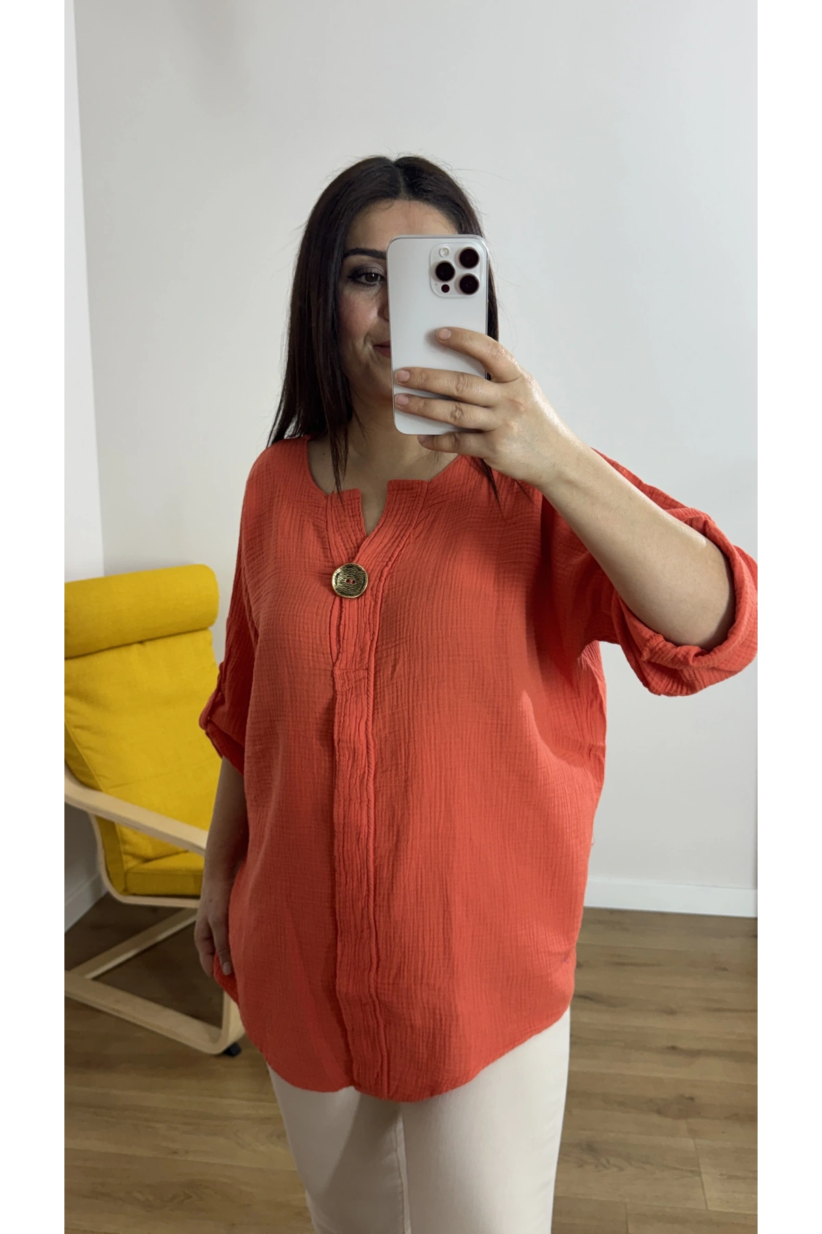 Dirsek Kol Turuncu Müslin Bluz