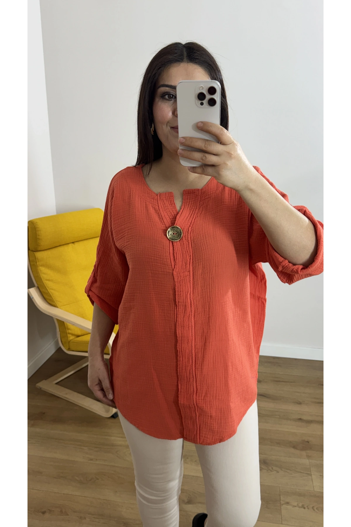 Dirsek Kol Turuncu Müslin Bluz