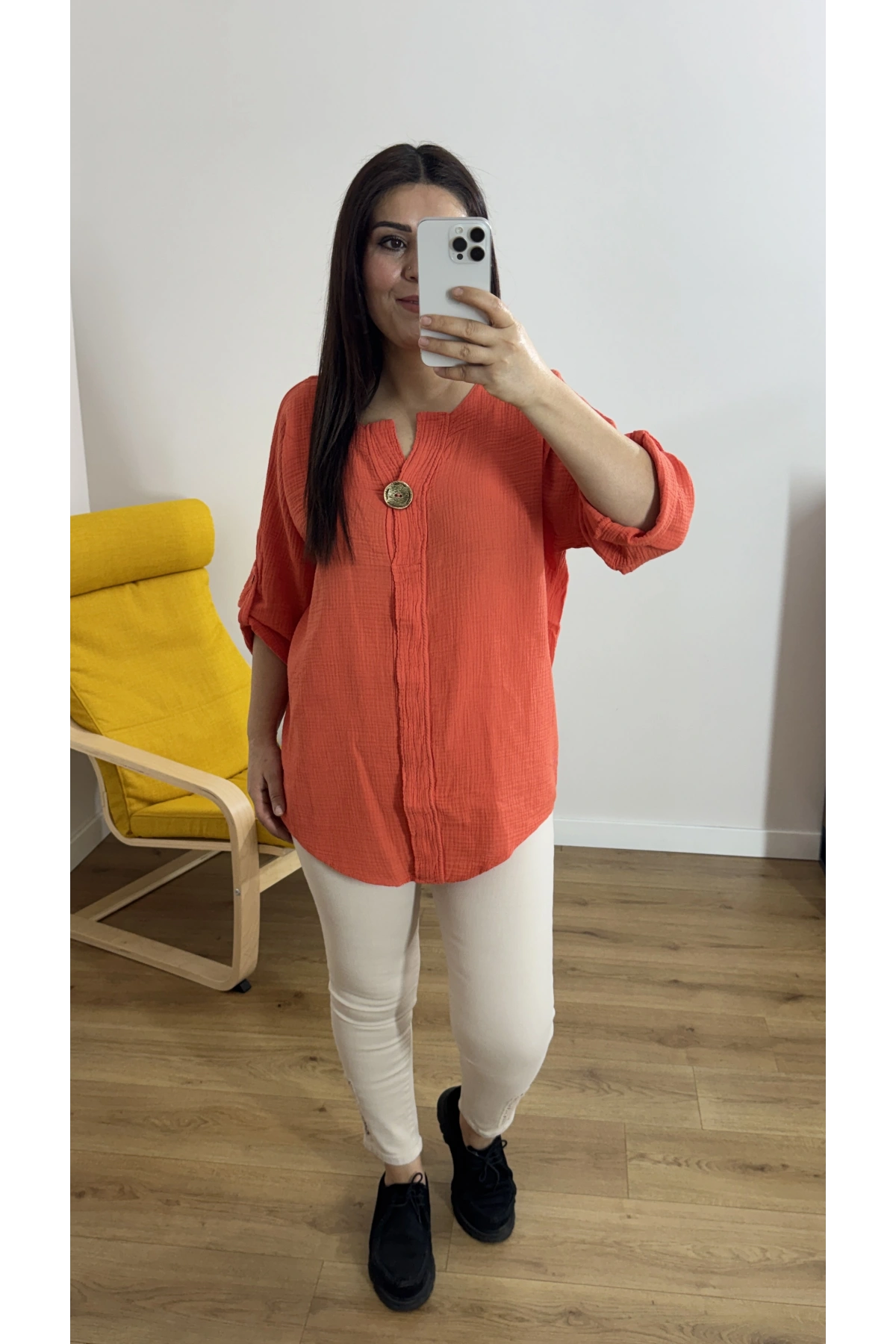 Dirsek Kol Turuncu Müslin Bluz