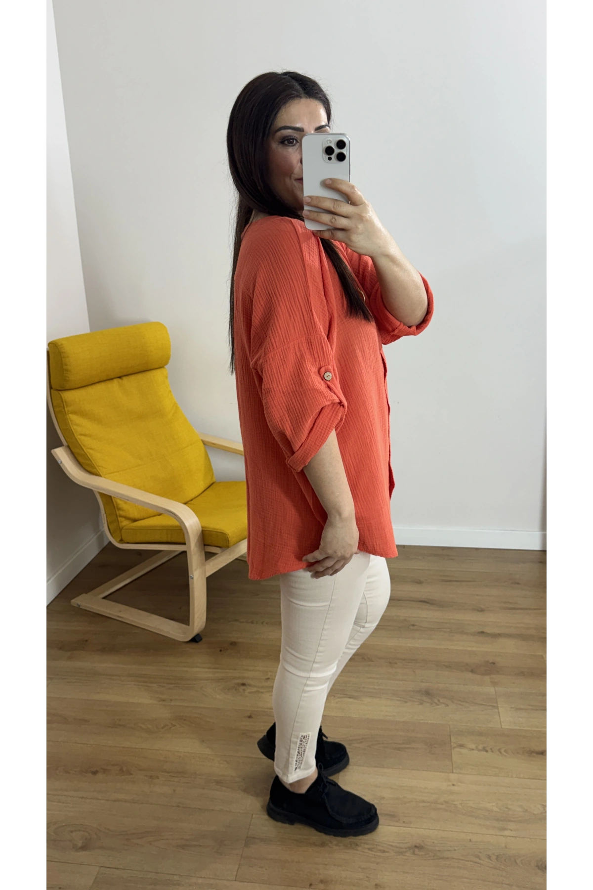 Dirsek Kol Turuncu Müslin Bluz