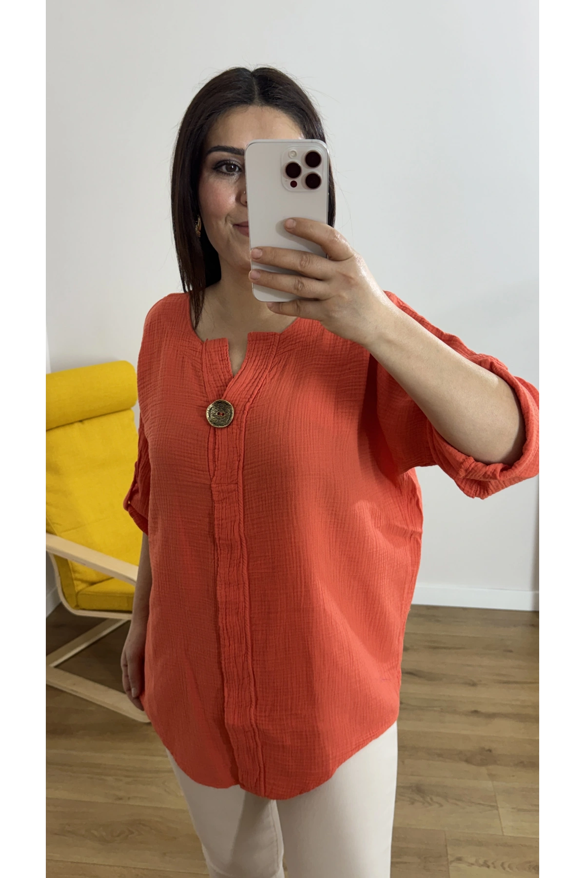 Dirsek Kol Turuncu Müslin Bluz