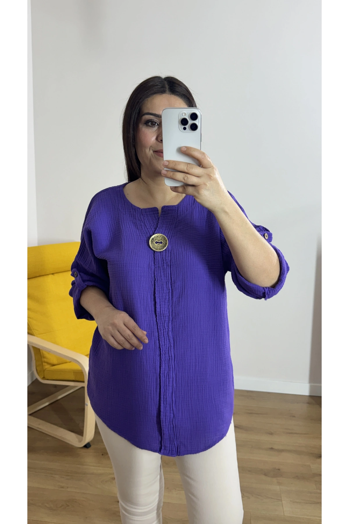 Dirsek Kol Mor Renk Müslin Bluz