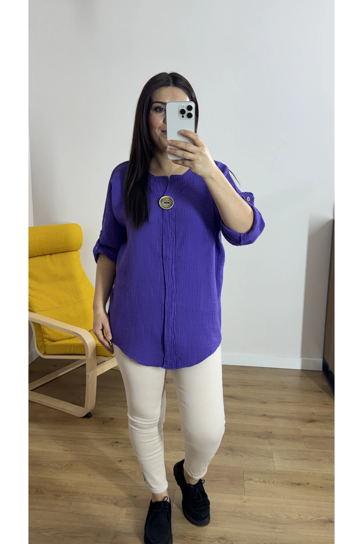 Dirsek Kol Mor Renk Müslin Bluz