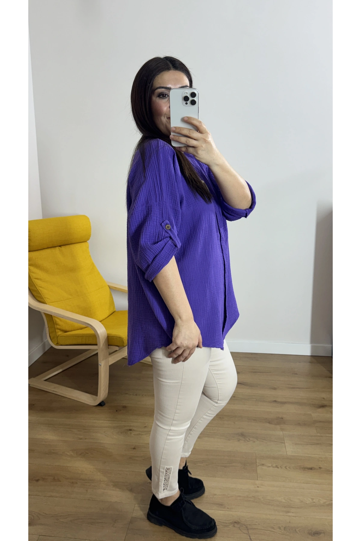 Dirsek Kol Mor Renk Müslin Bluz