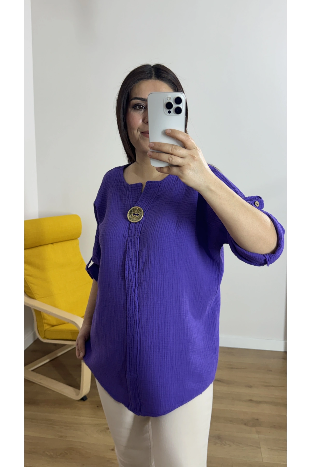 Dirsek Kol Mor Renk Müslin Bluz