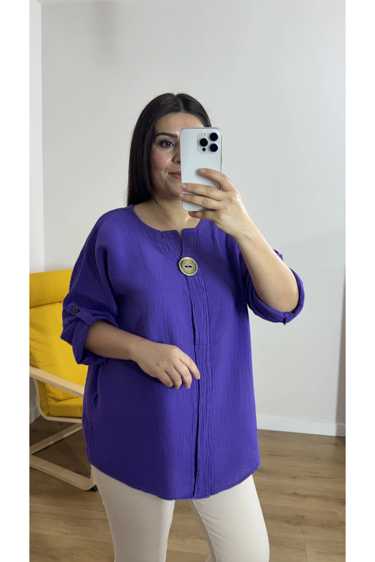 Dirsek Kol Mor Renk Müslin Bluz