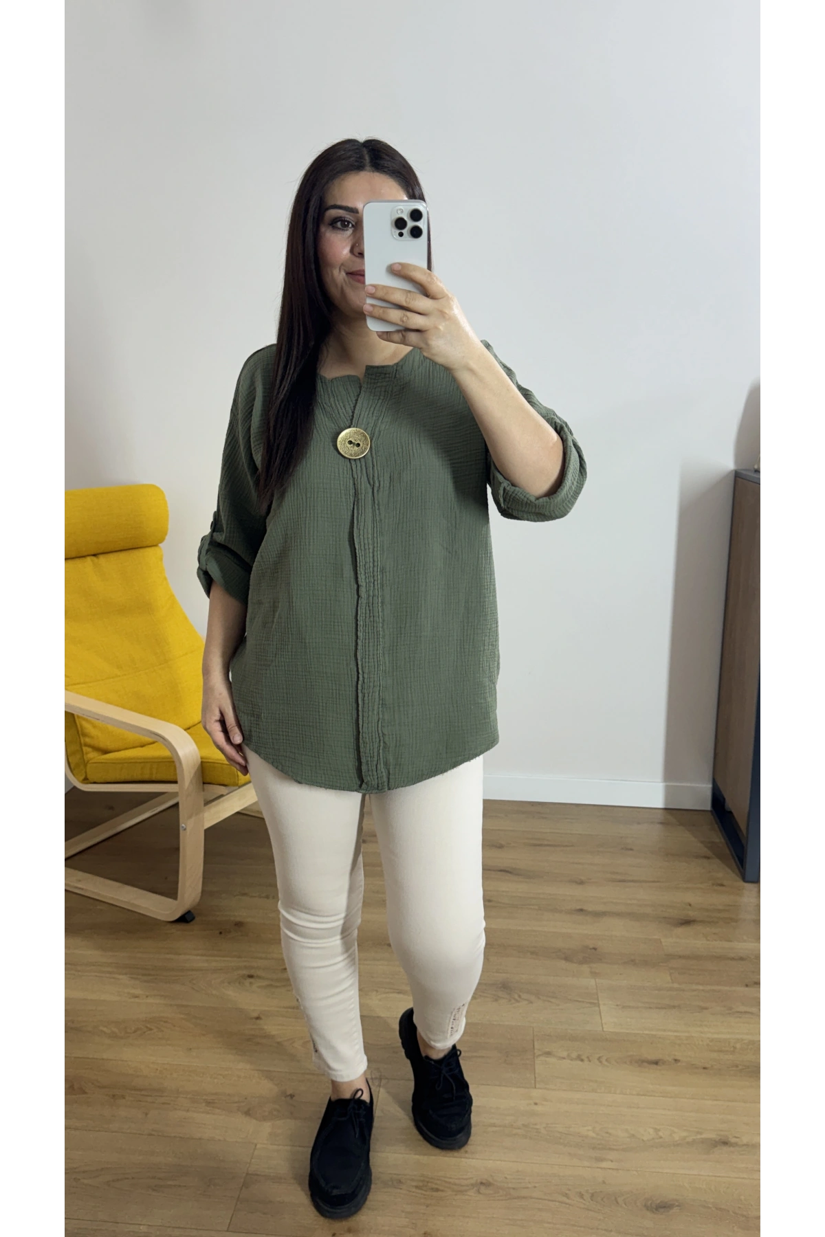 Dirsek Kol Haki Yeşil Müslin Bluz