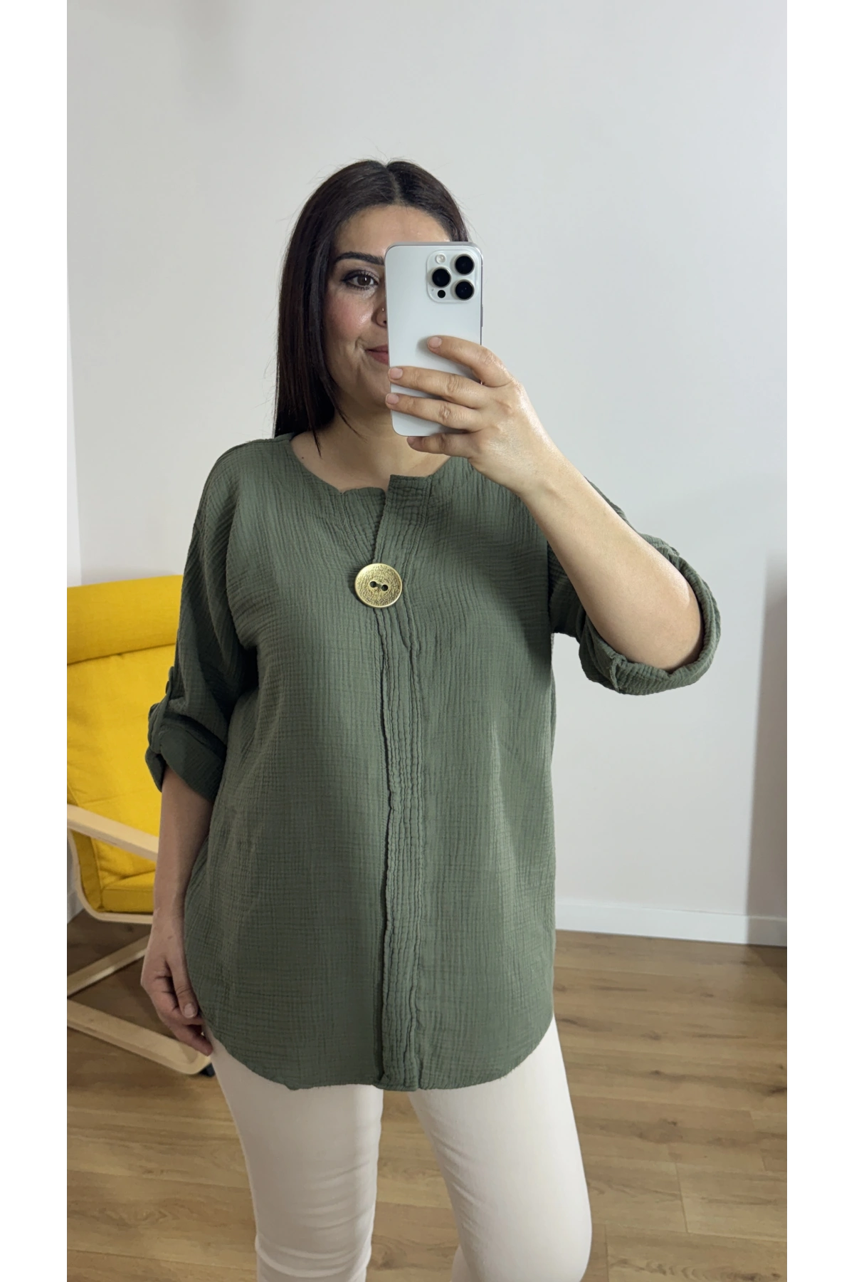 Dirsek Kol Haki Yeşil Müslin Bluz