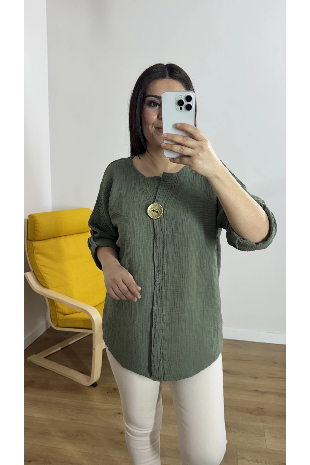 Dirsek Kol Haki Yeşil Müslin Bluz