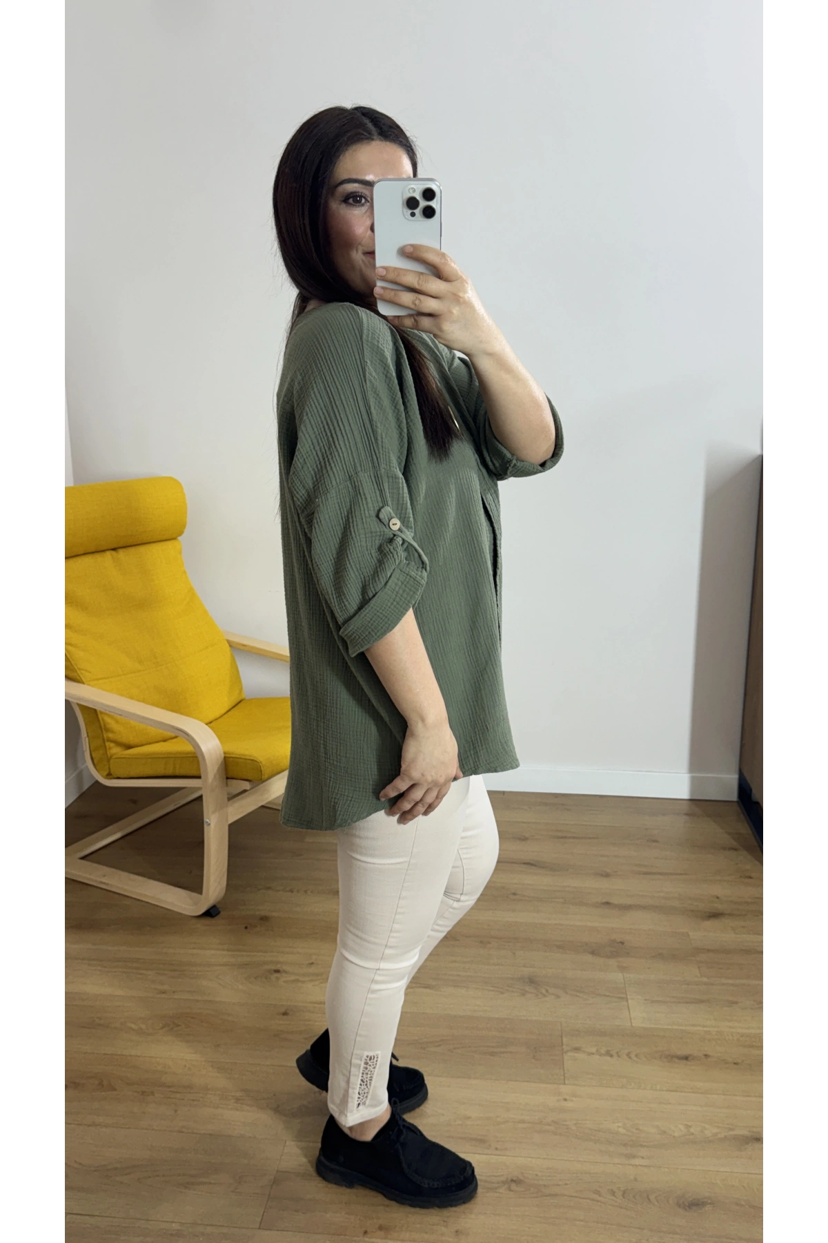 Dirsek Kol Haki Yeşil Müslin Bluz