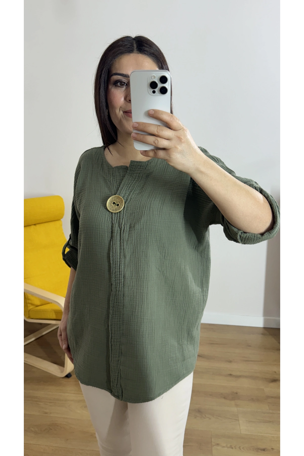 Dirsek Kol Haki Yeşil Müslin Bluz