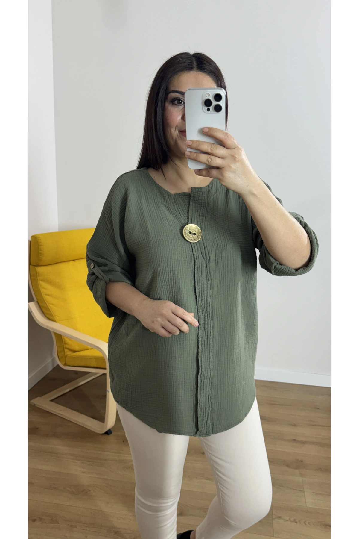 Dirsek Kol Haki Yeşil Müslin Bluz
