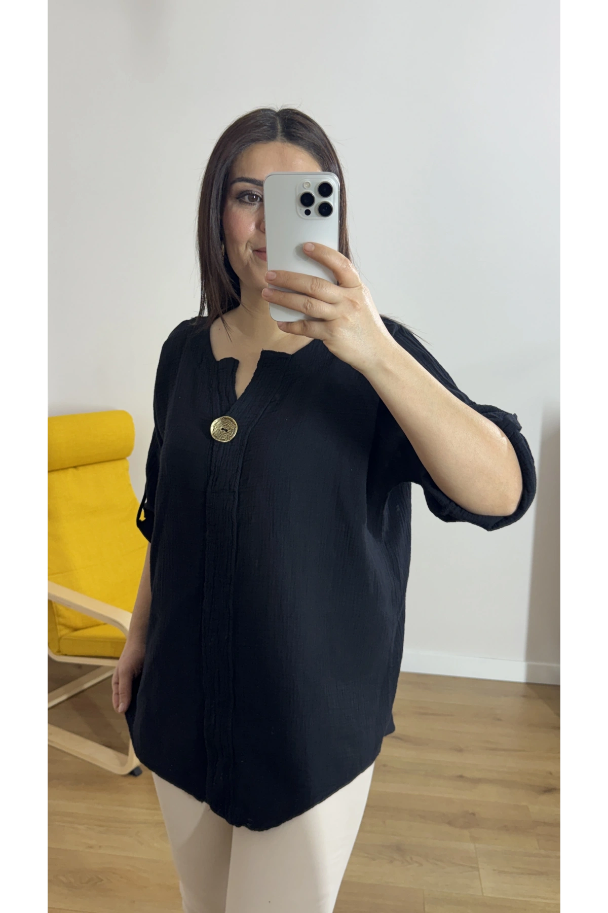 Dirsek Kol Siyah Renk Müslin Bluz