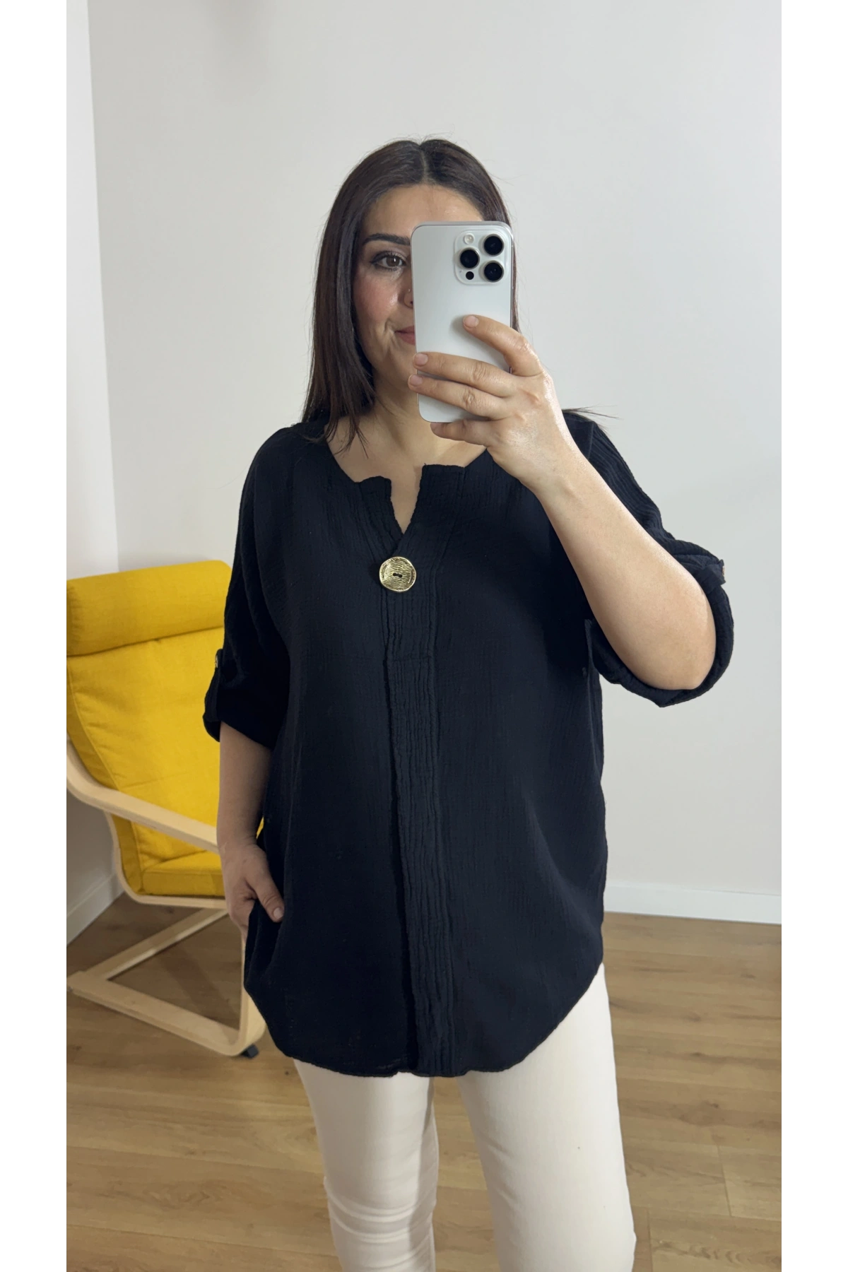 Dirsek Kol Siyah Renk Müslin Bluz