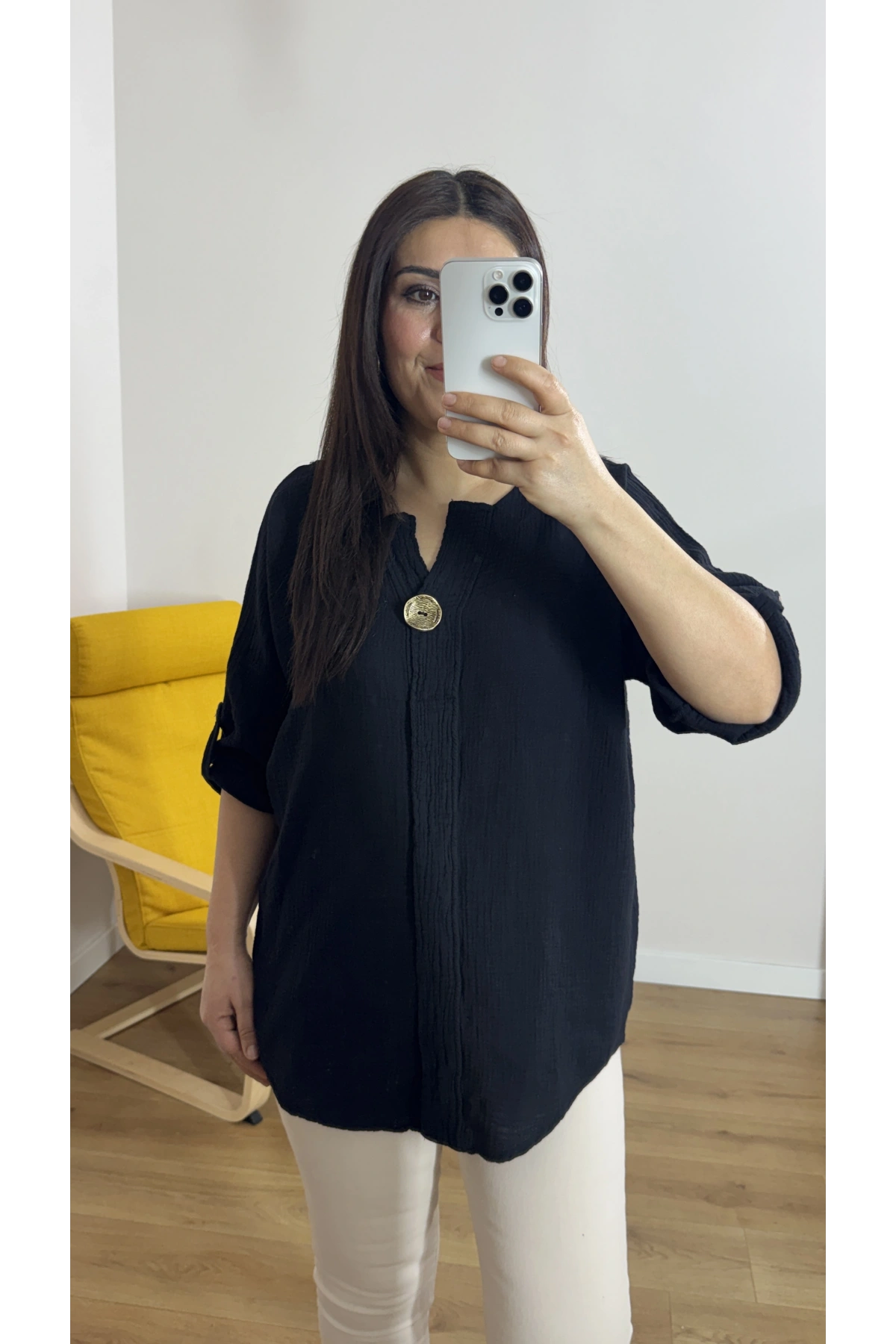 Dirsek Kol Siyah Renk Müslin Bluz