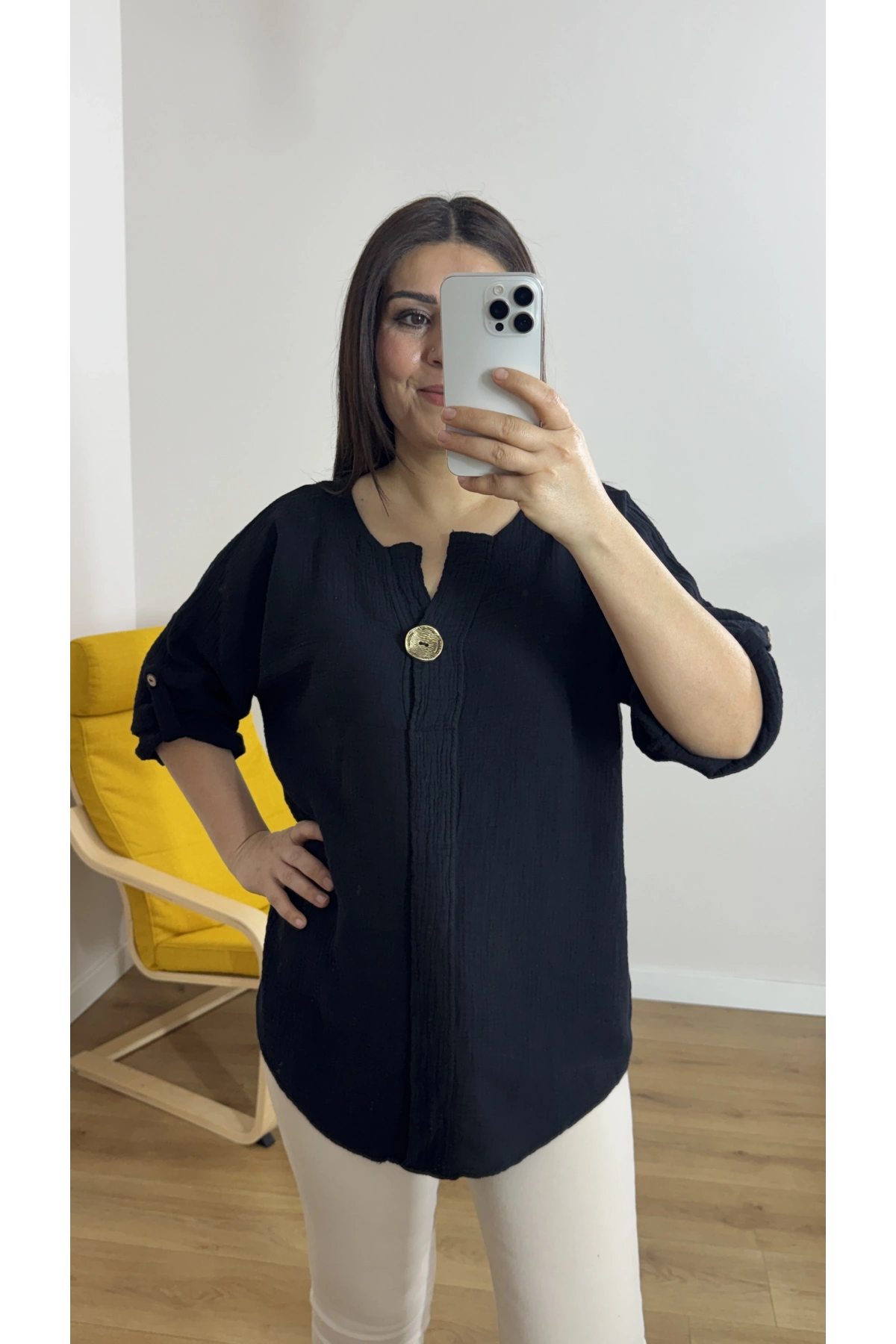 Dirsek Kol Siyah Renk Müslin Bluz