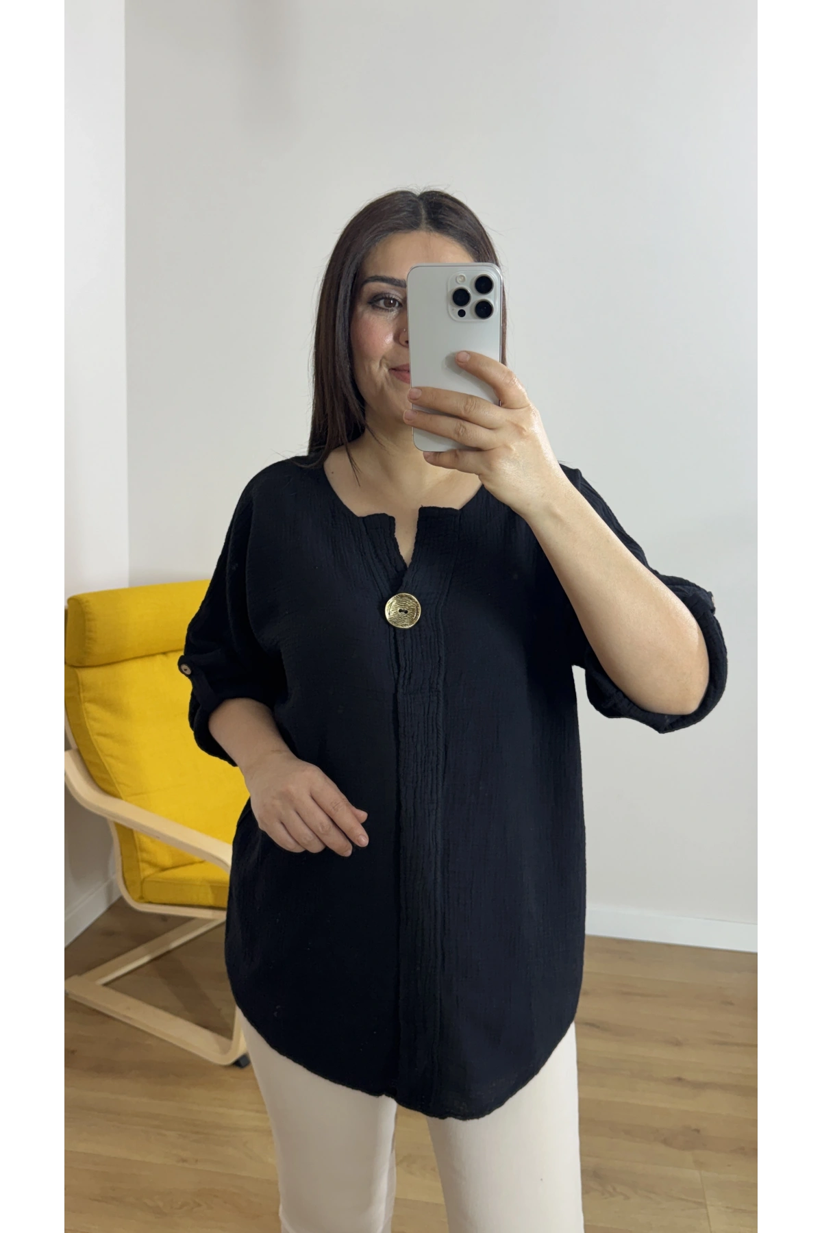 Dirsek Kol Siyah Renk Müslin Bluz