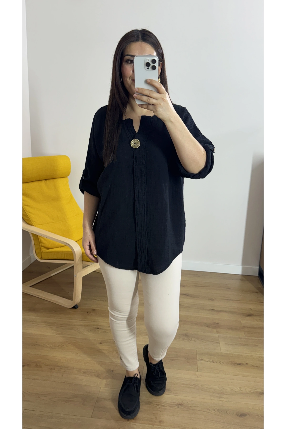 Dirsek Kol Siyah Renk Müslin Bluz