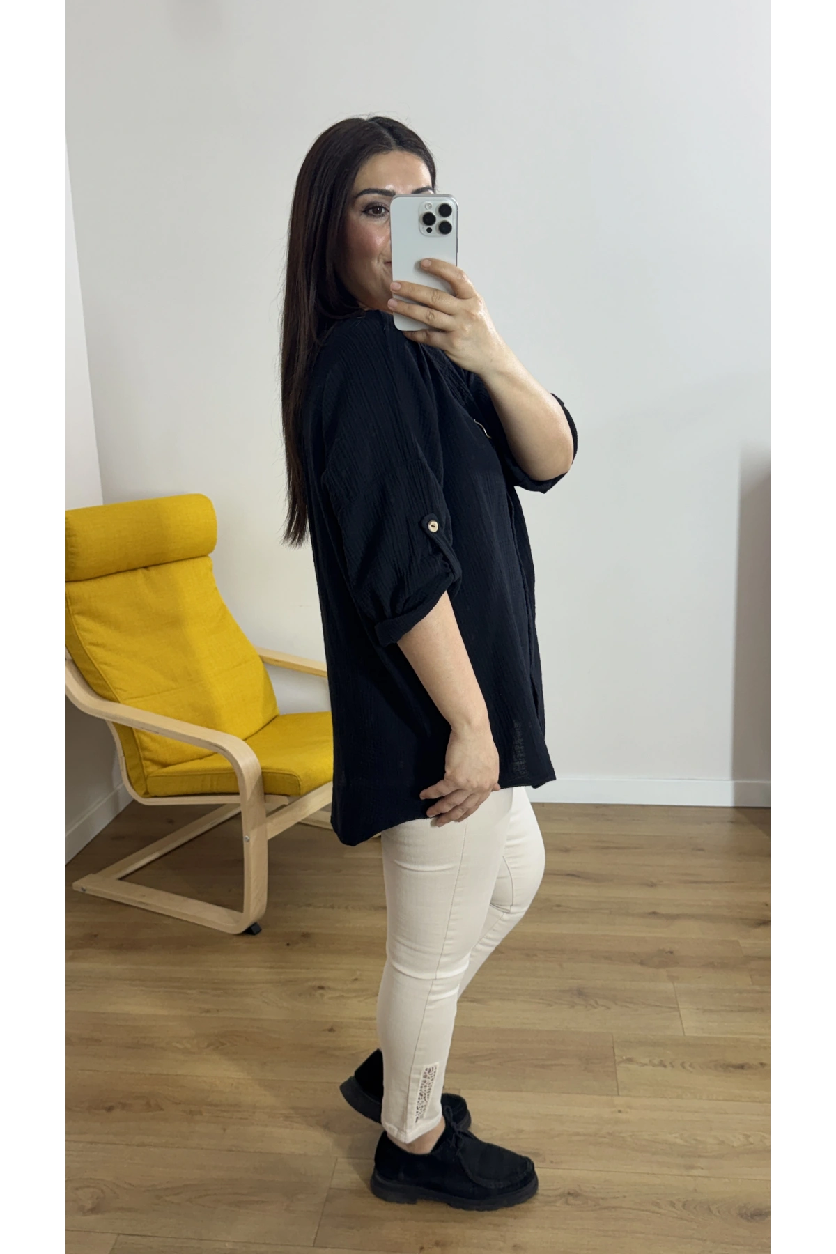 Dirsek Kol Siyah Renk Müslin Bluz