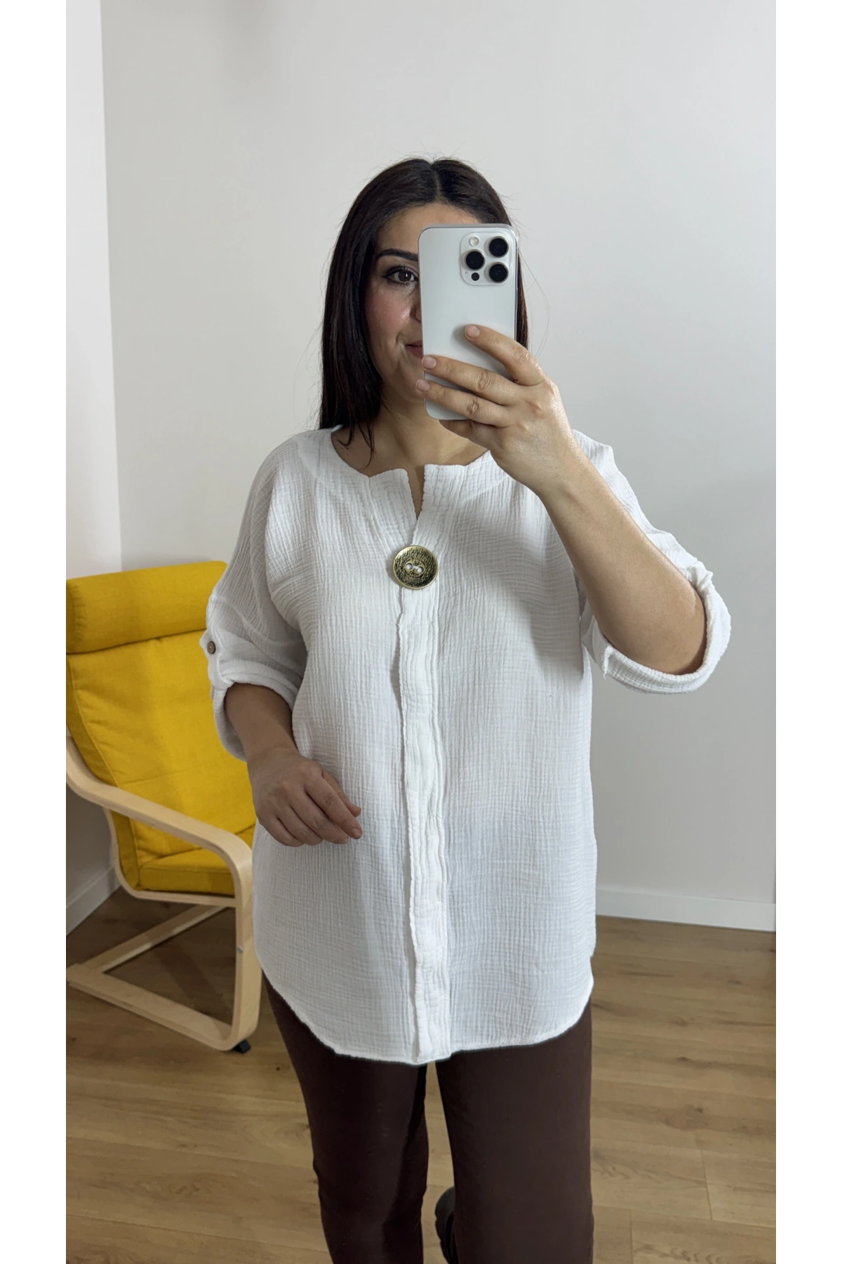 Dirsek Kol Beyaz Renk Müslin Bluz