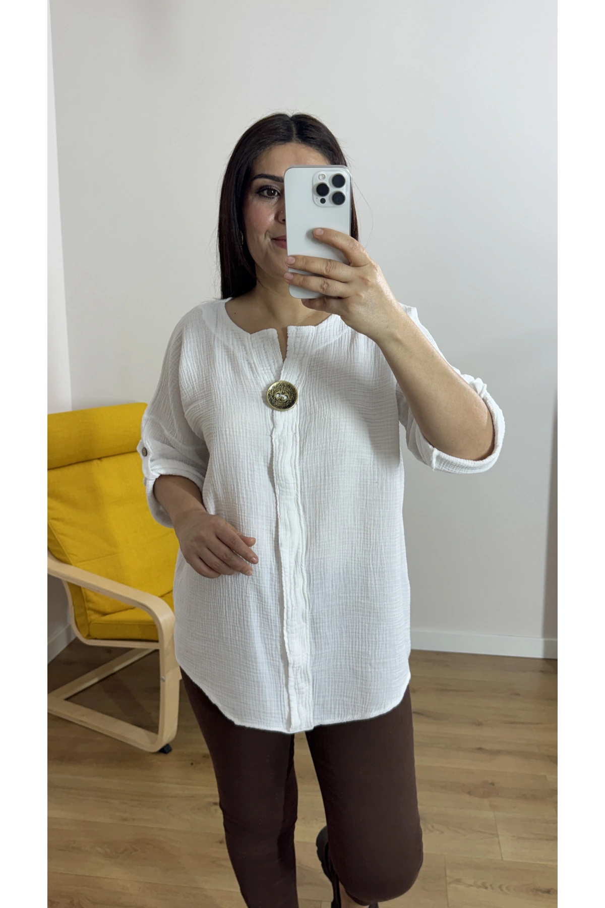 Dirsek Kol Beyaz Renk Müslin Bluz