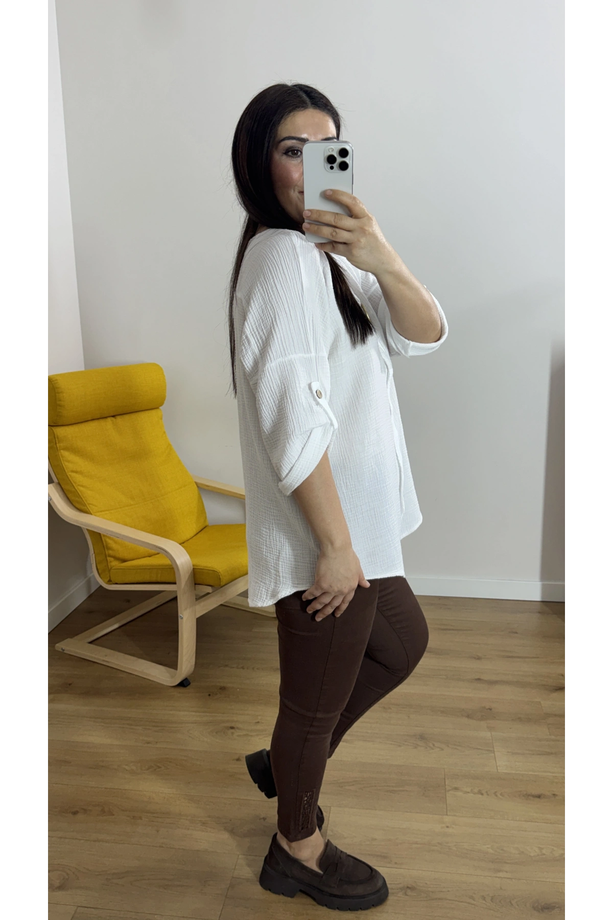 Dirsek Kol Beyaz Renk Müslin Bluz