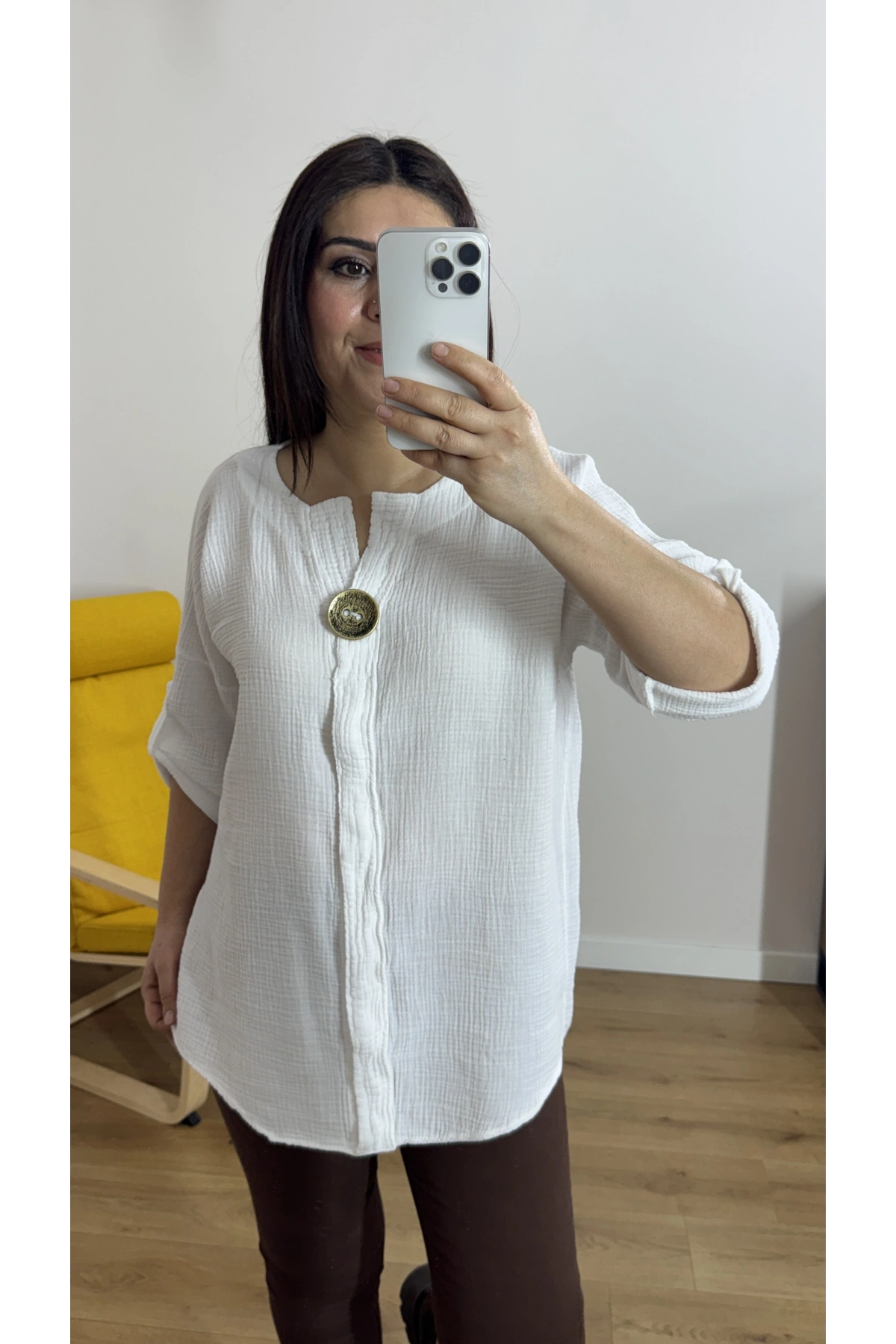 Dirsek Kol Beyaz Renk Müslin Bluz