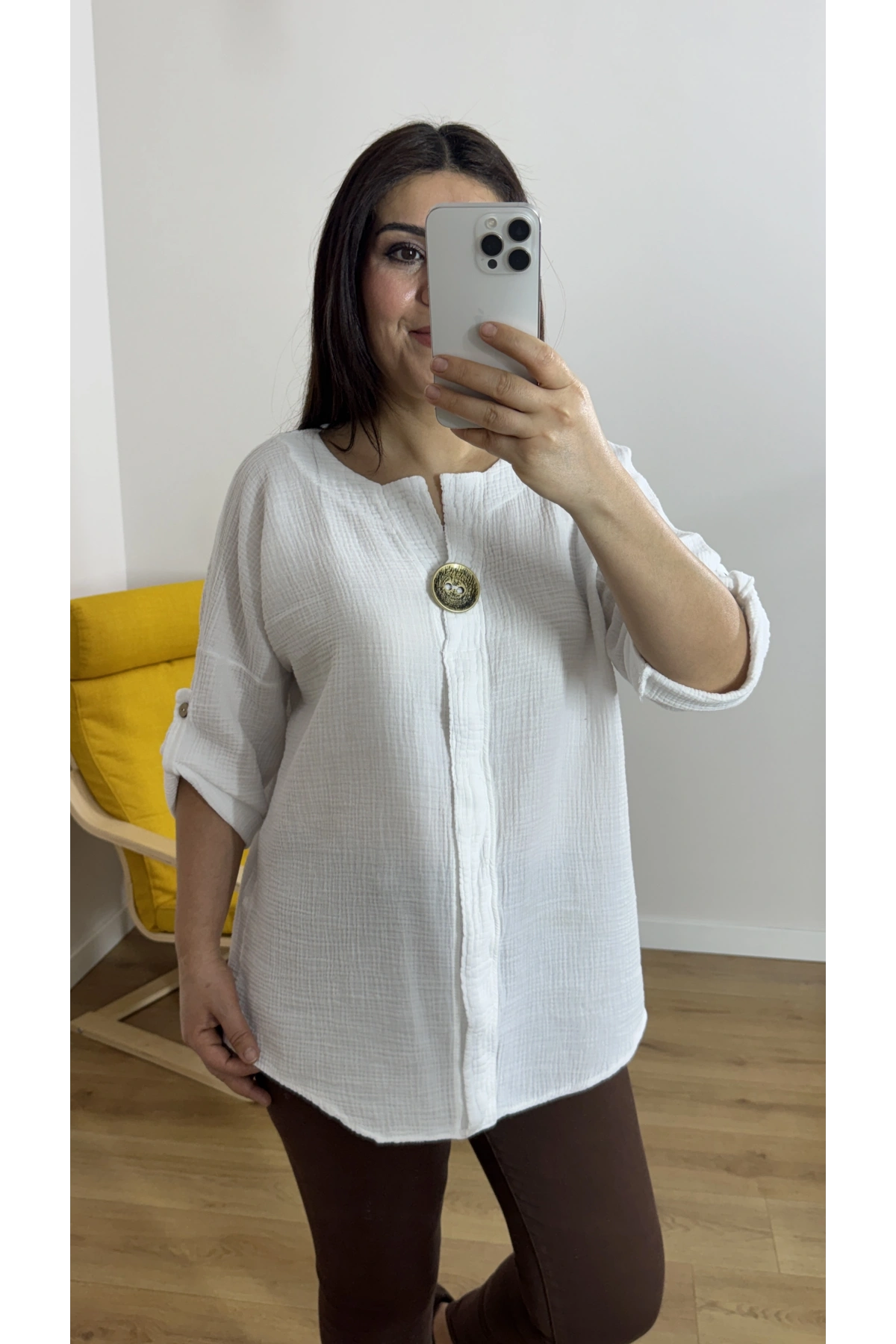 Dirsek Kol Beyaz Renk Müslin Bluz