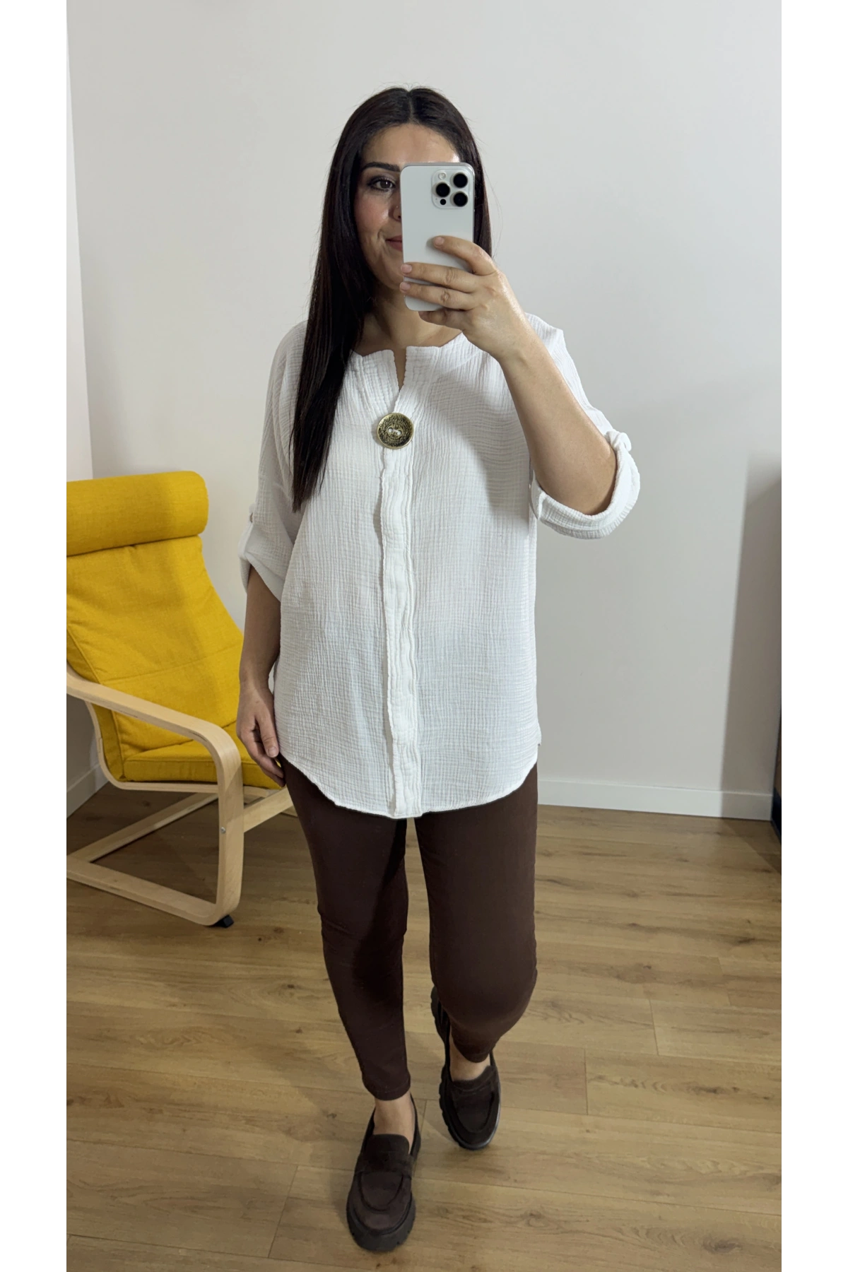 Dirsek Kol Beyaz Renk Müslin Bluz