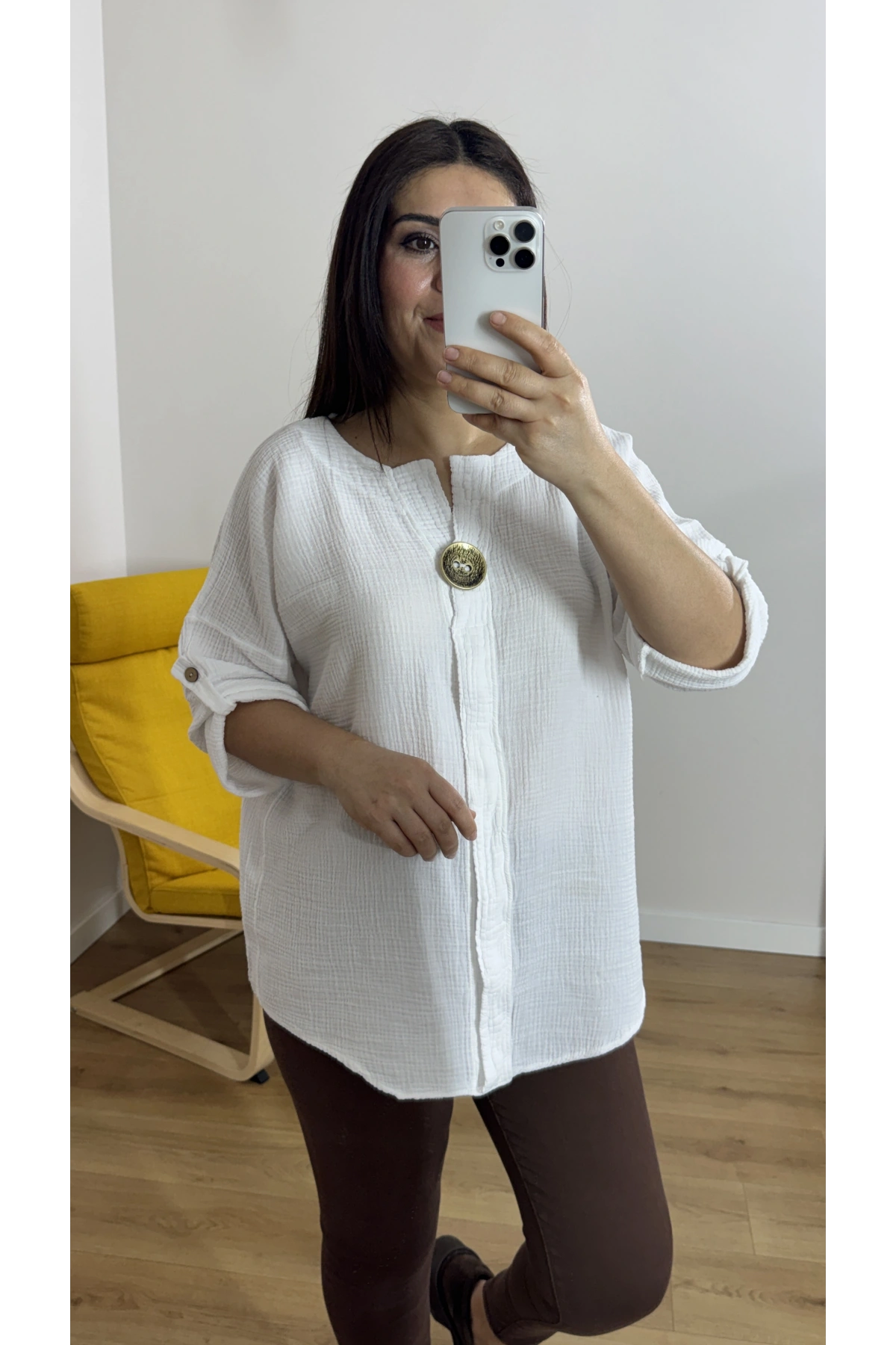 Dirsek Kol Beyaz Renk Müslin Bluz