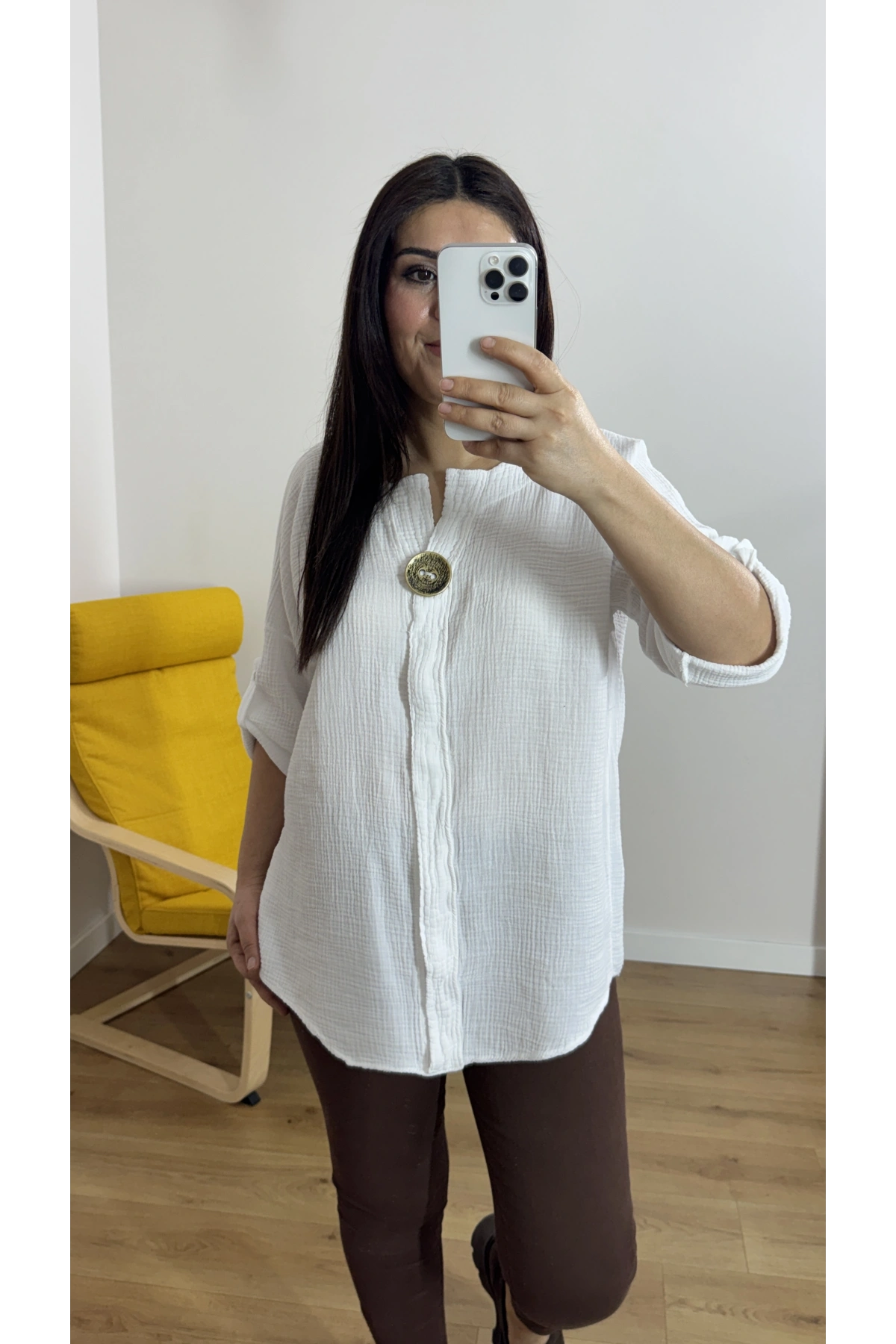 Dirsek Kol Beyaz Renk Müslin Bluz