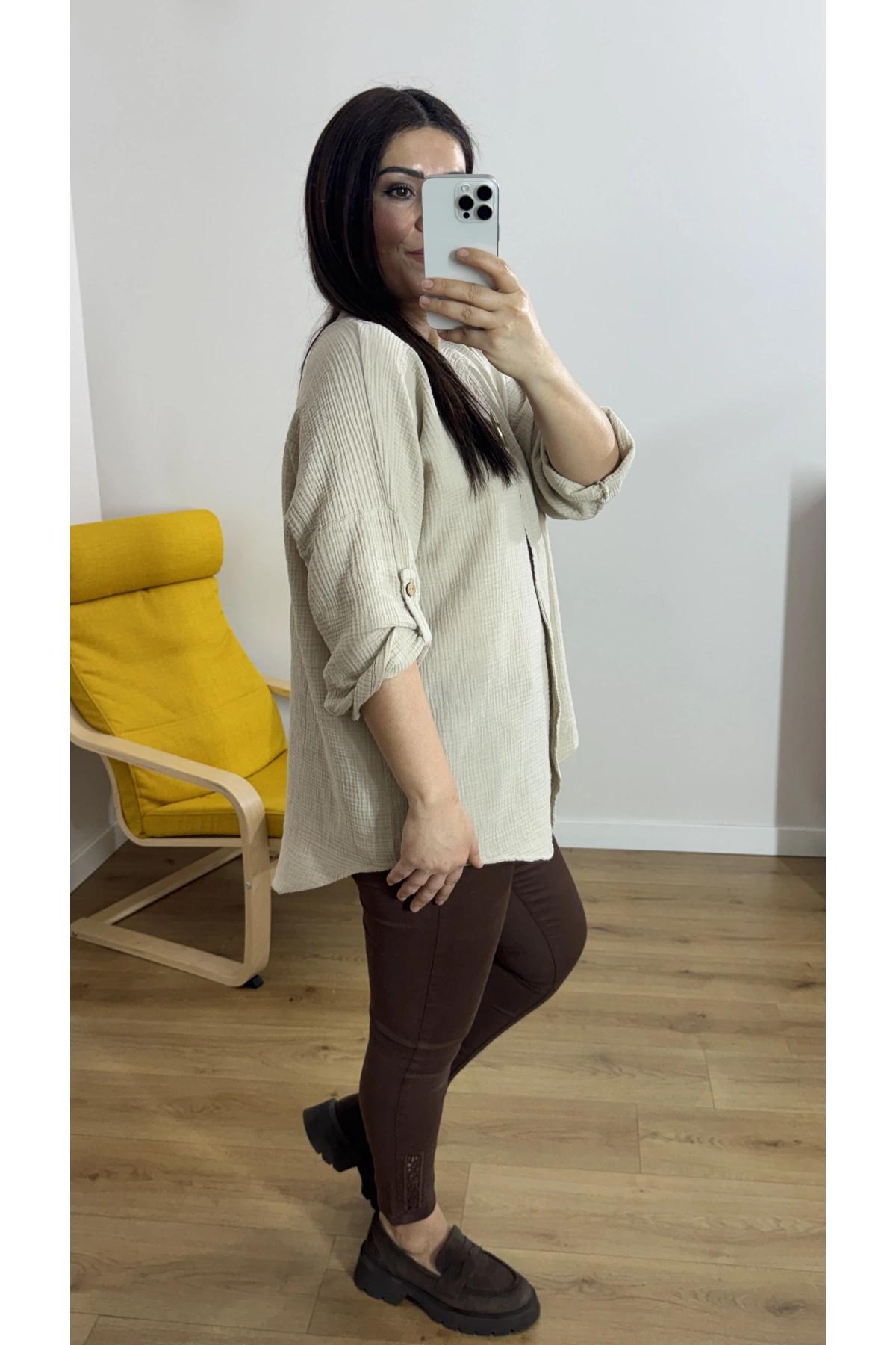 Dirsek Kol Bej Rengi Müslin Bluz