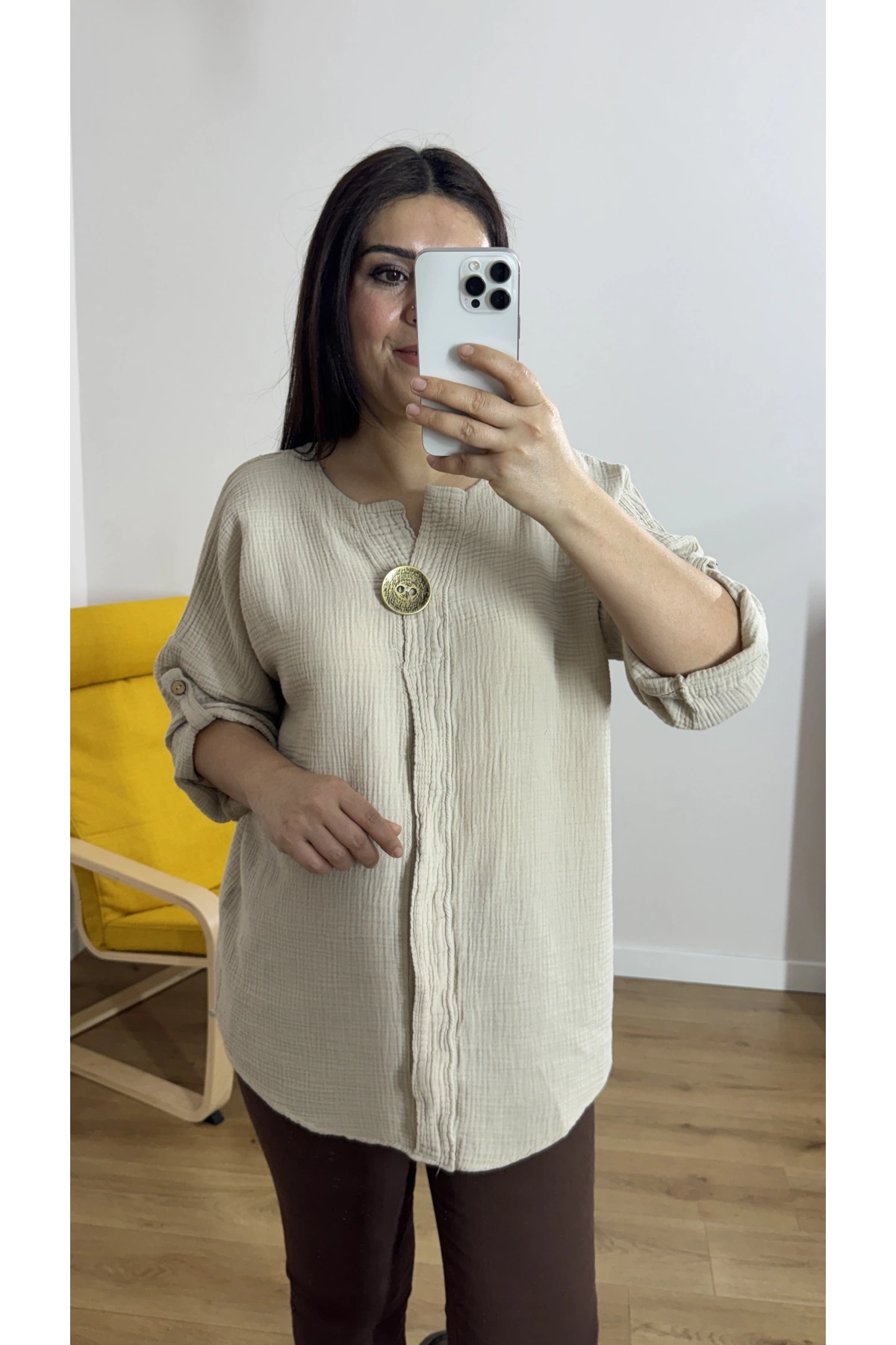 Dirsek Kol Bej Rengi Müslin Bluz