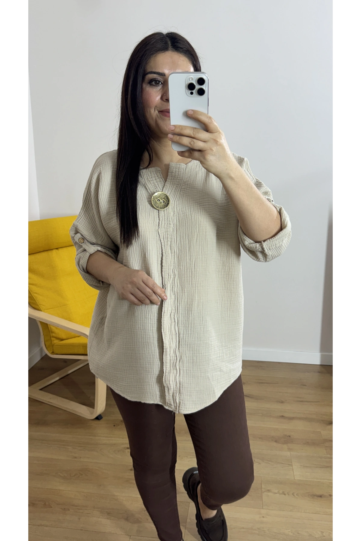 Dirsek Kol Bej Rengi Müslin Bluz