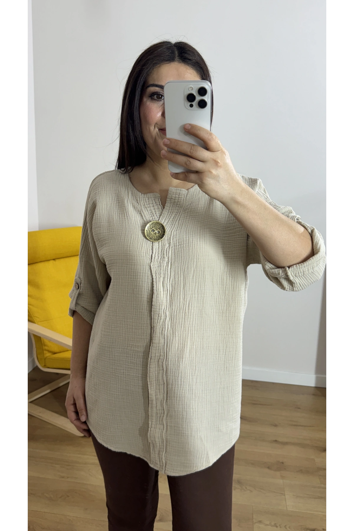 Dirsek Kol Bej Rengi Müslin Bluz