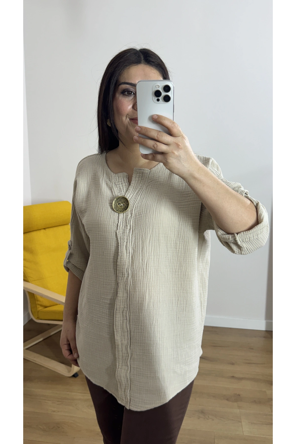 Dirsek Kol Bej Rengi Müslin Bluz