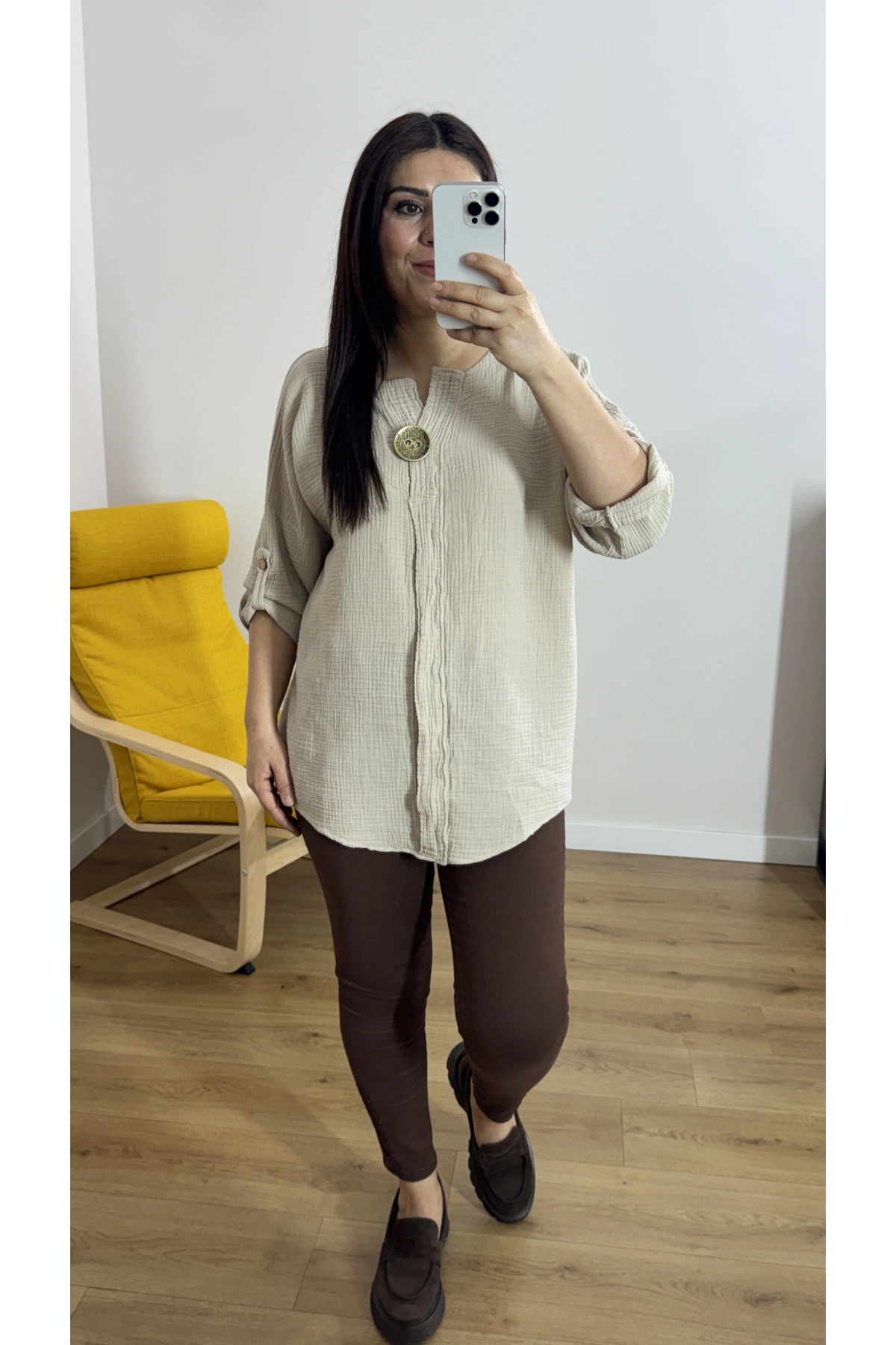 Dirsek Kol Bej Rengi Müslin Bluz