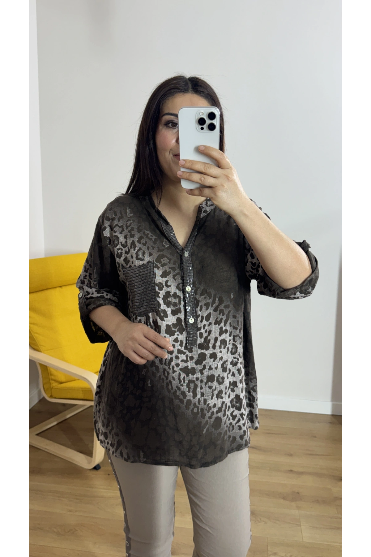 Leopar Desenli Haki Yaka Kahverengi İthal Bluz