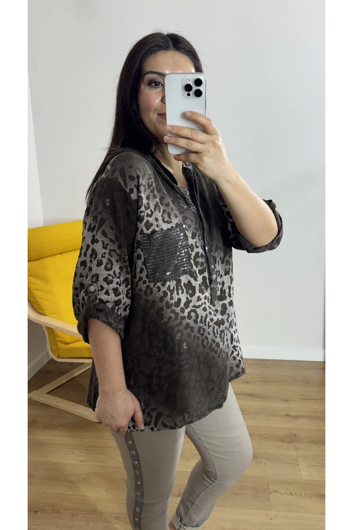 Leopar Desenli Haki Yaka Kahverengi İthal Bluz