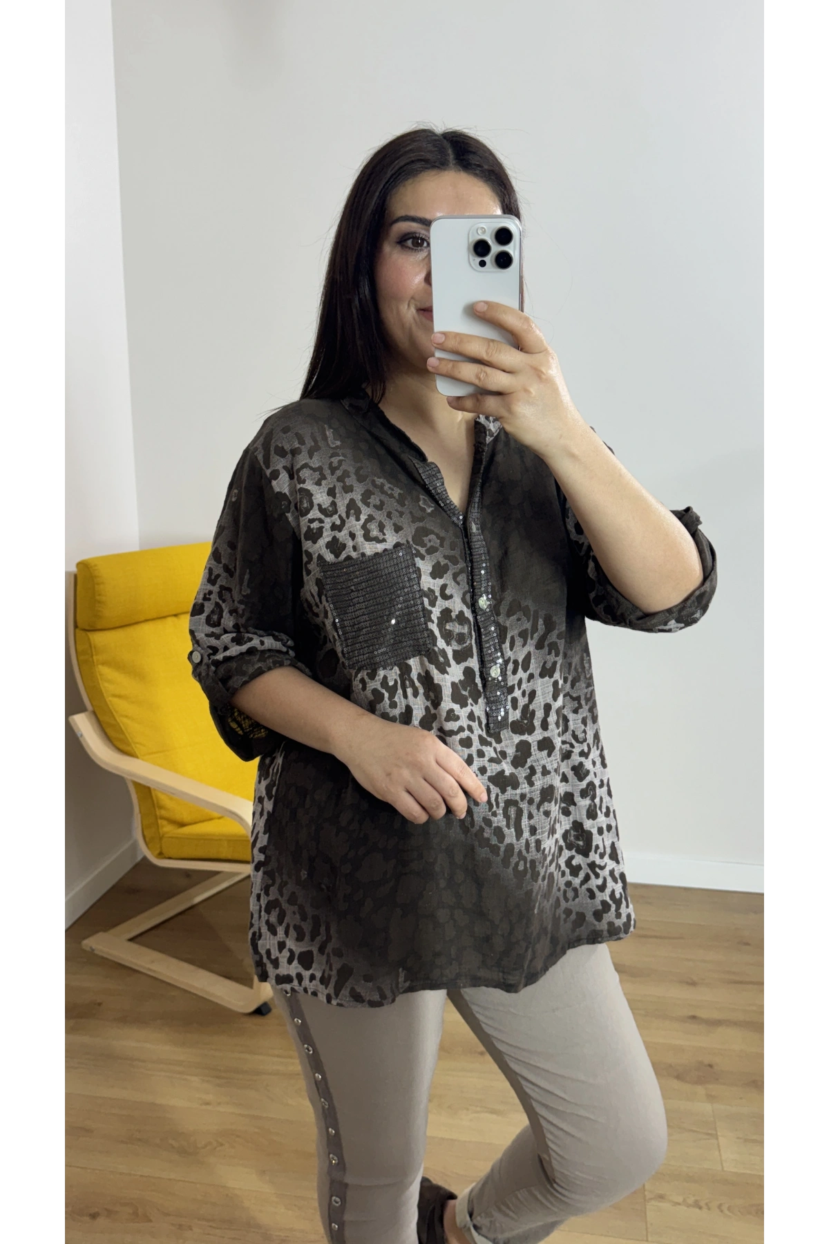 Leopar Desenli Haki Yaka Kahverengi İthal Bluz