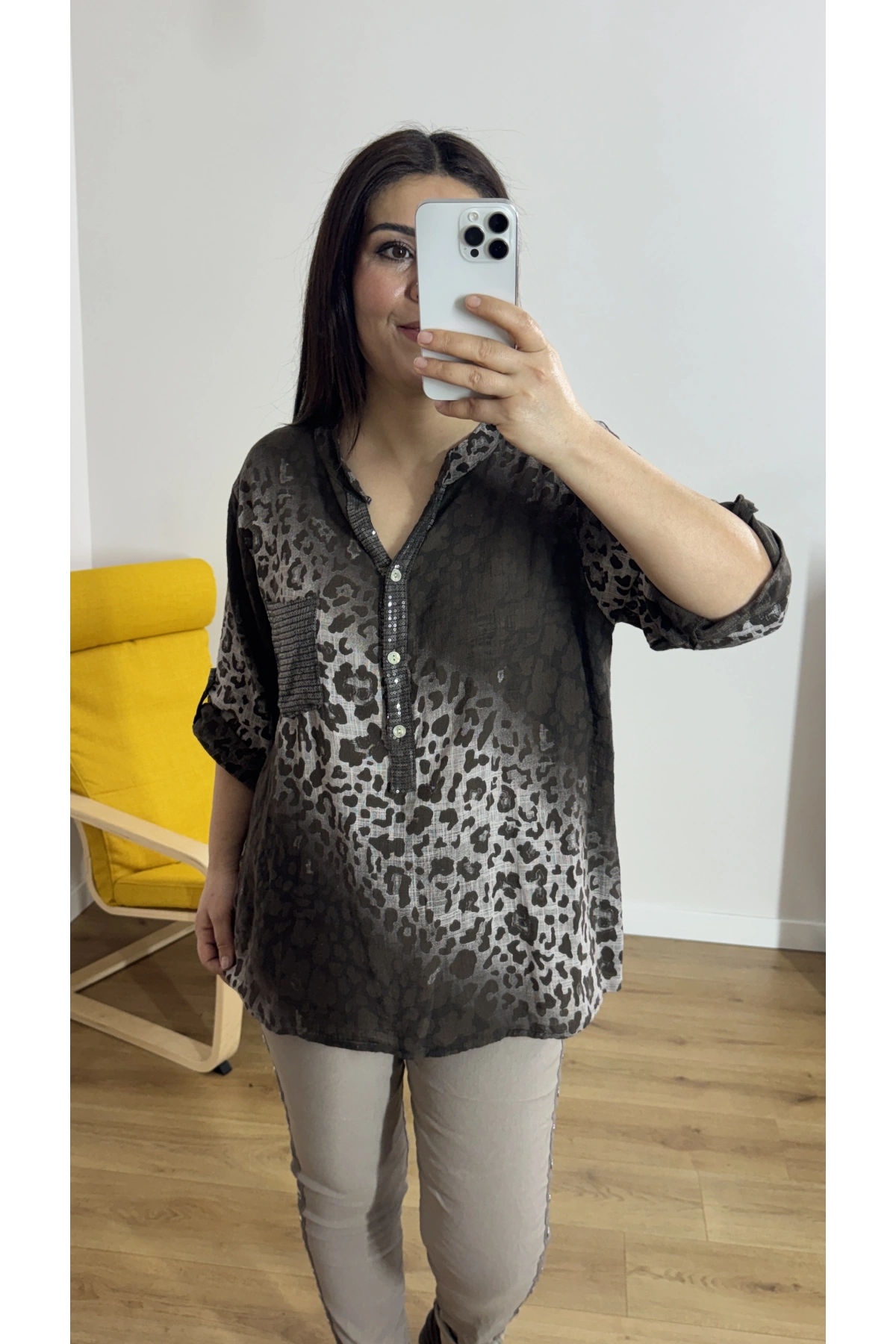 Leopar Desenli Haki Yaka Kahverengi İthal Bluz