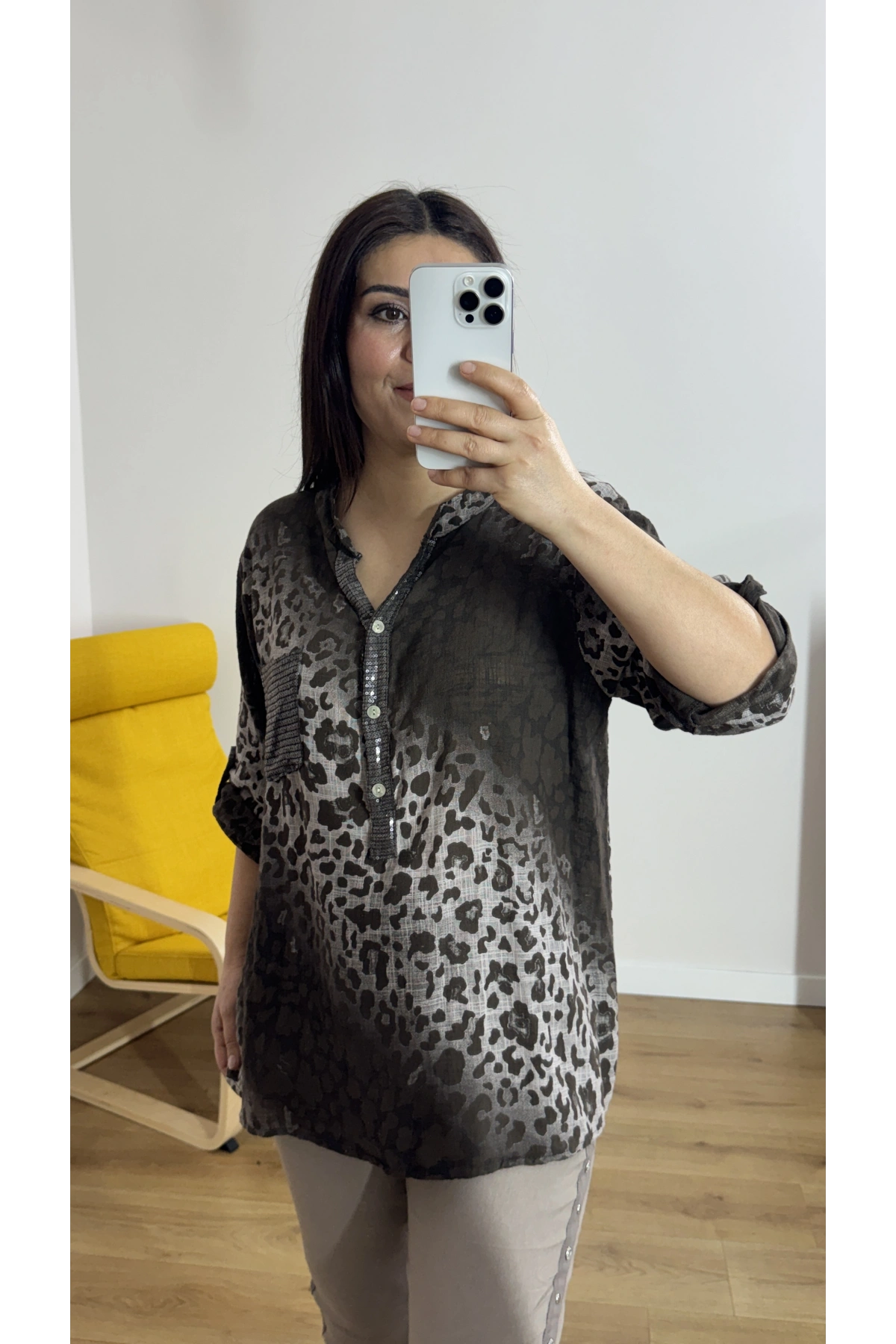 Leopar Desenli Haki Yaka Kahverengi İthal Bluz