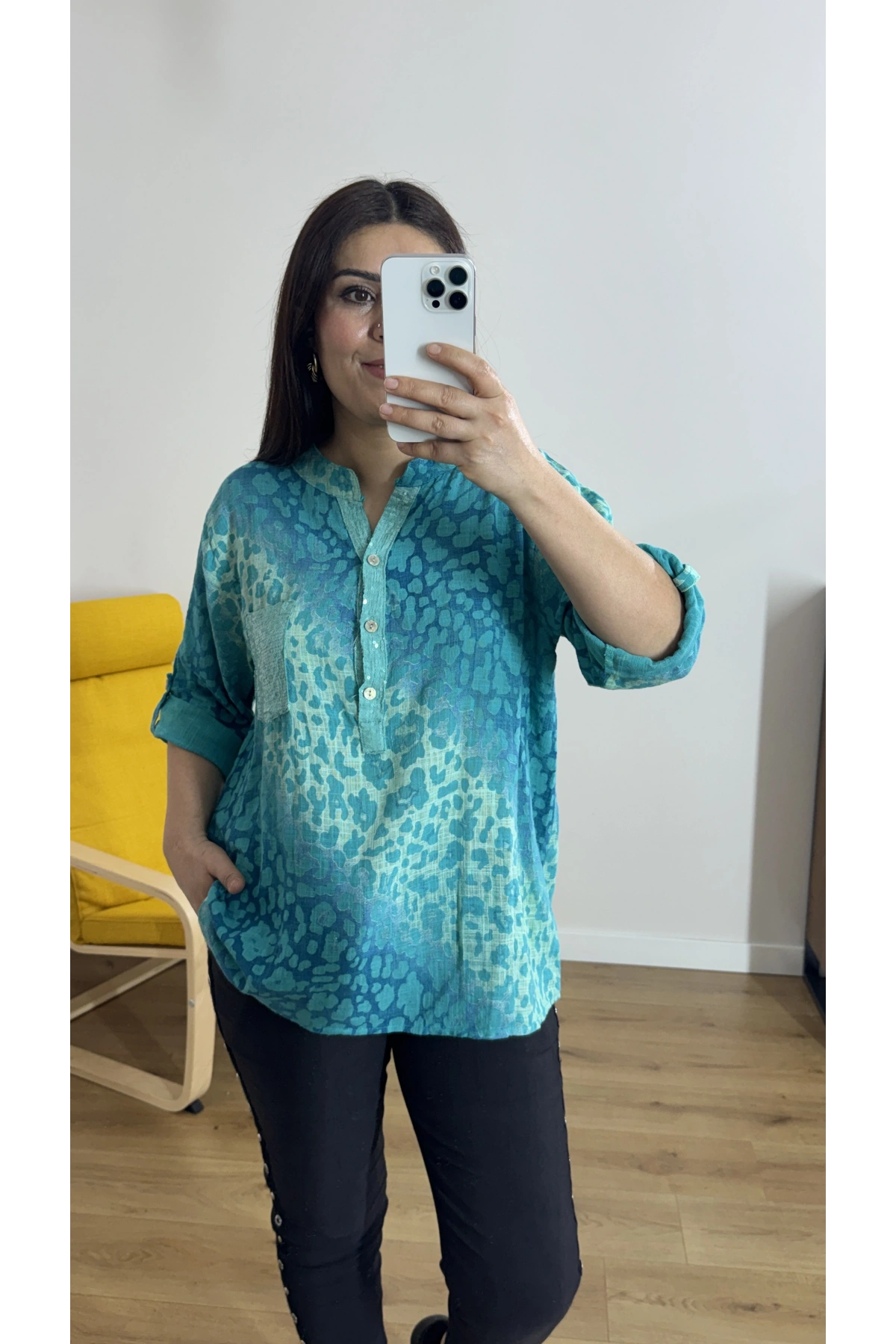 Leopar Desenli Hakim Yaka İthal Bluz