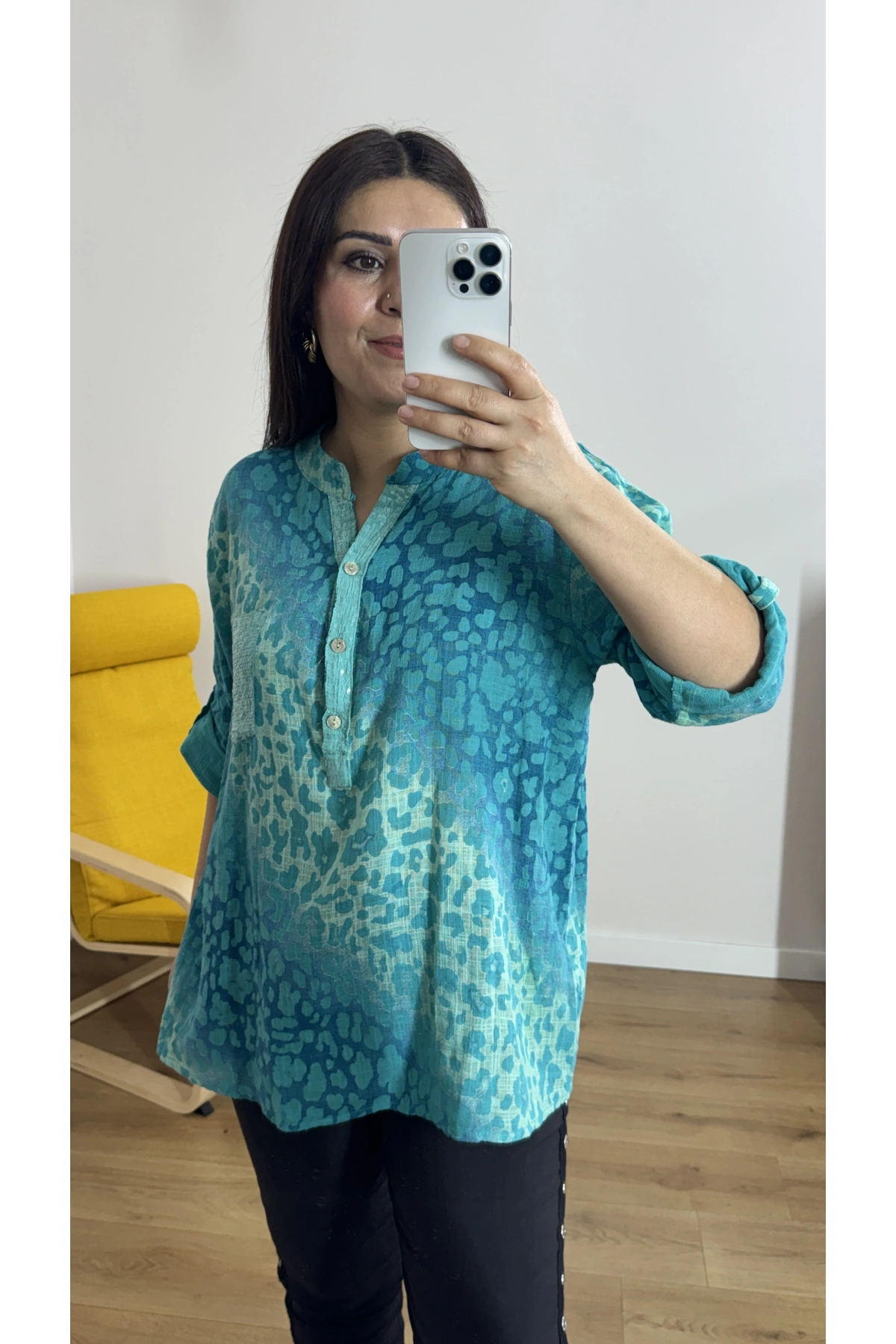 Leopar Desenli Hakim Yaka İthal Bluz