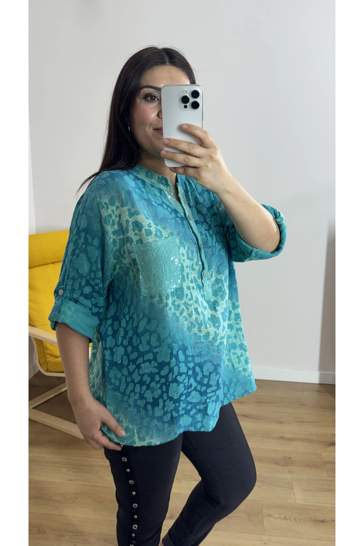 Leopar Desenli Hakim Yaka İthal Bluz