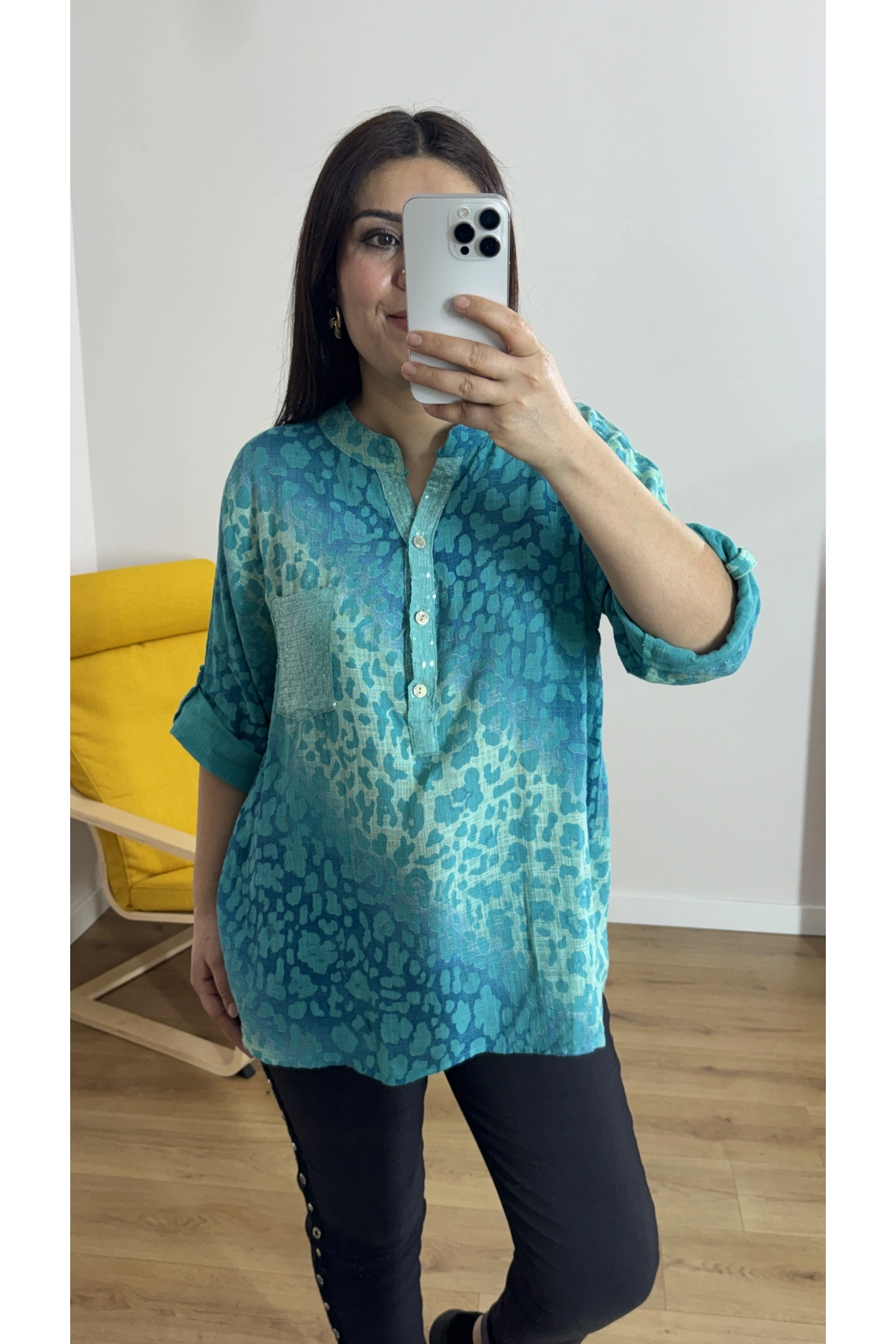 Leopar Desenli Hakim Yaka İthal Bluz