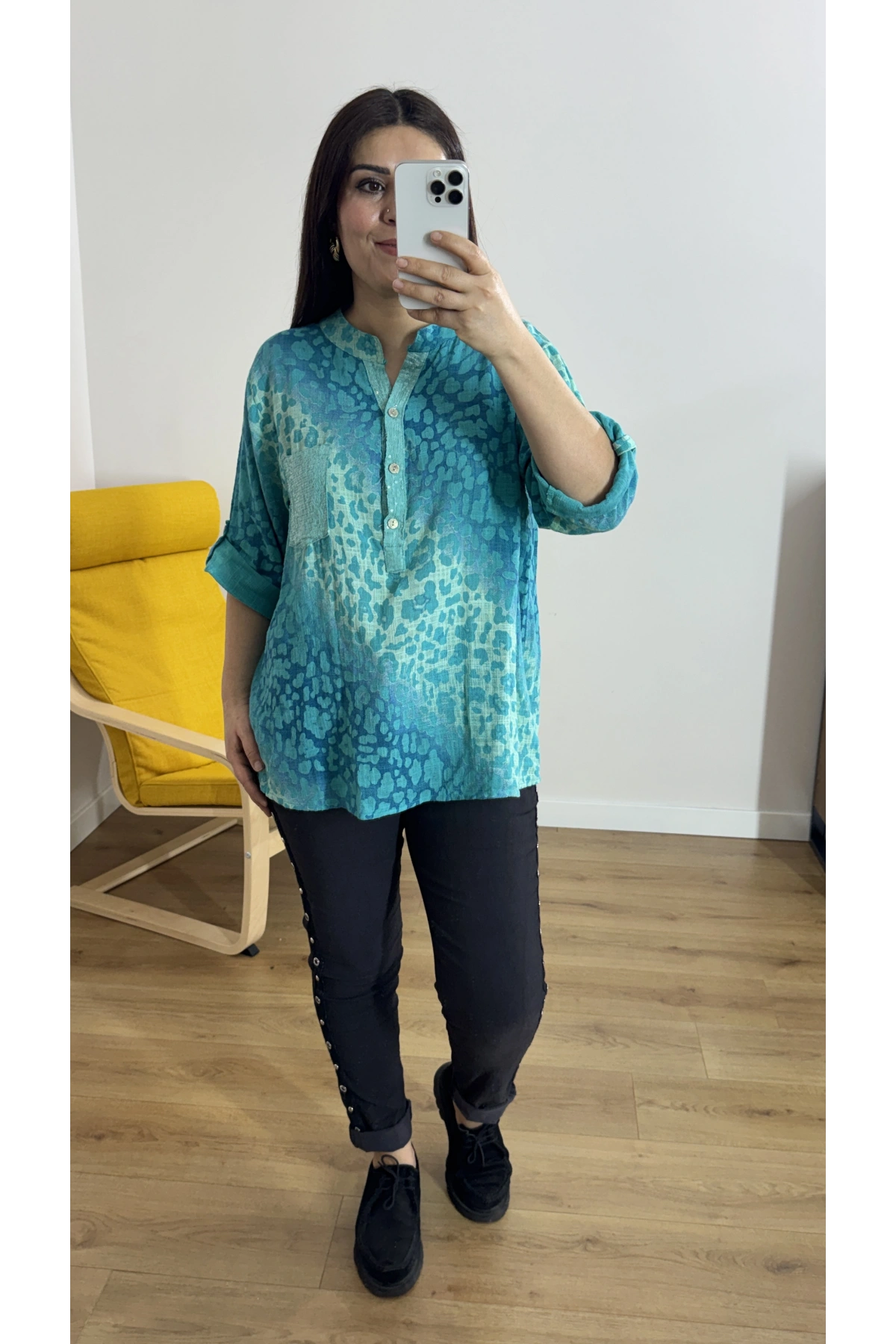 Leopar Desenli Hakim Yaka İthal Bluz