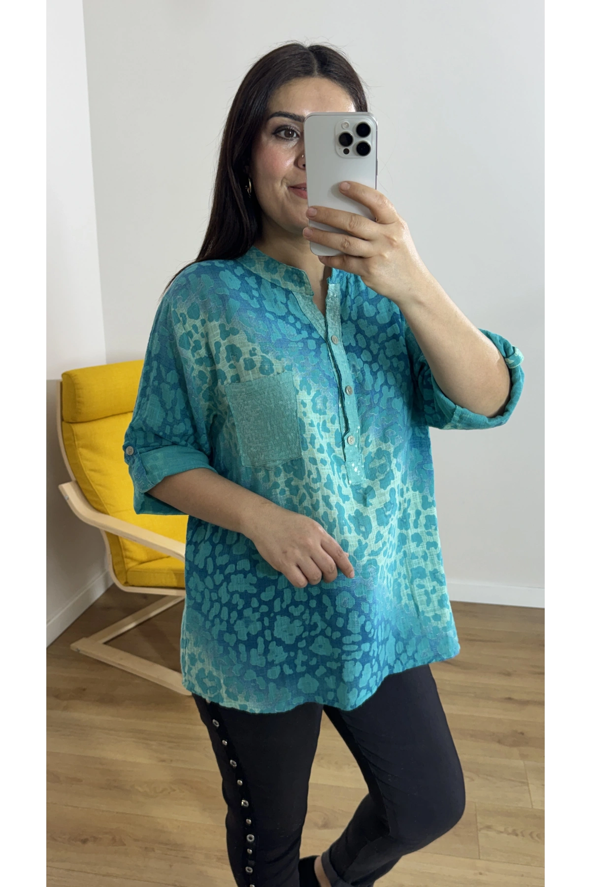 Leopar Desenli Hakim Yaka İthal Bluz